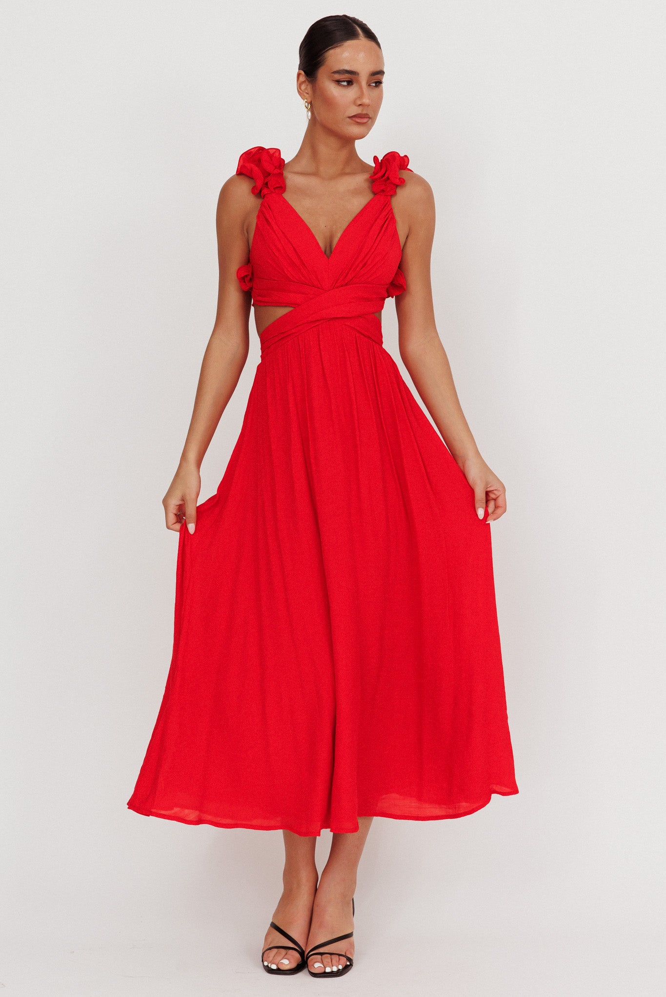 Madara Laced Back Ruffle Dress Red-Maymioy