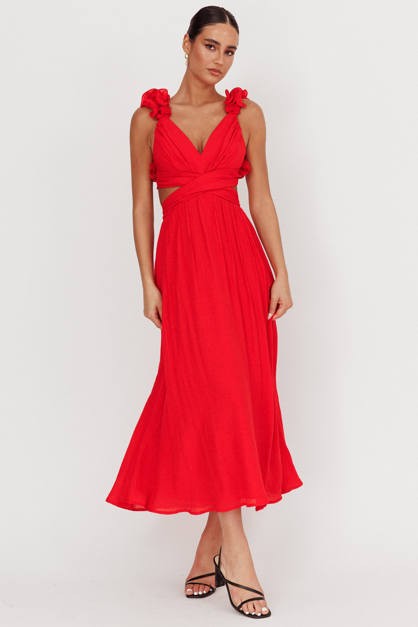 Madara Laced Back Ruffle Dress Red-Maymioy