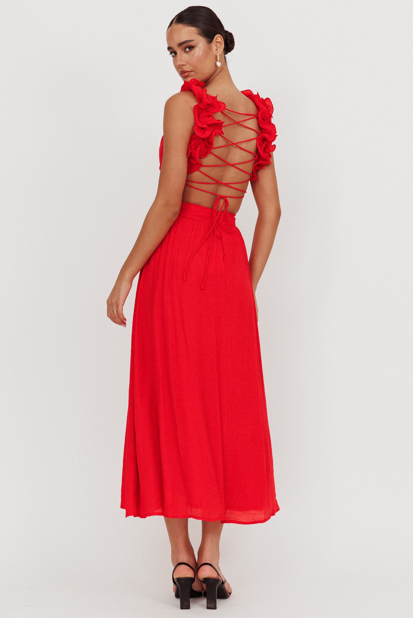 Madara Laced Back Ruffle Dress Red-Maymioy