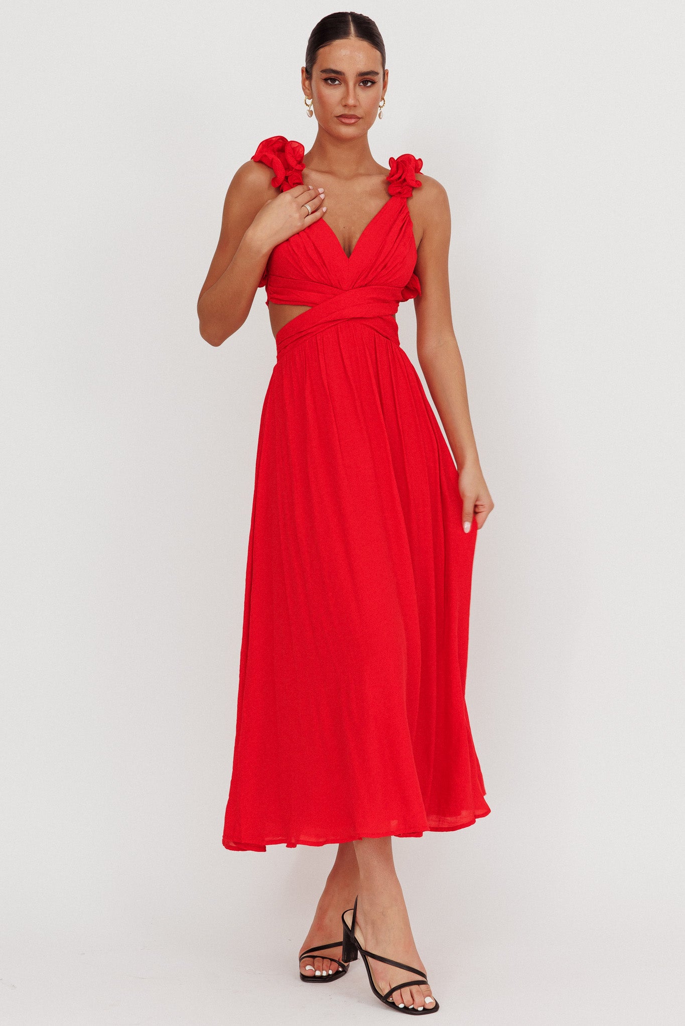 Madara Laced Back Ruffle Dress Red-Maymioy