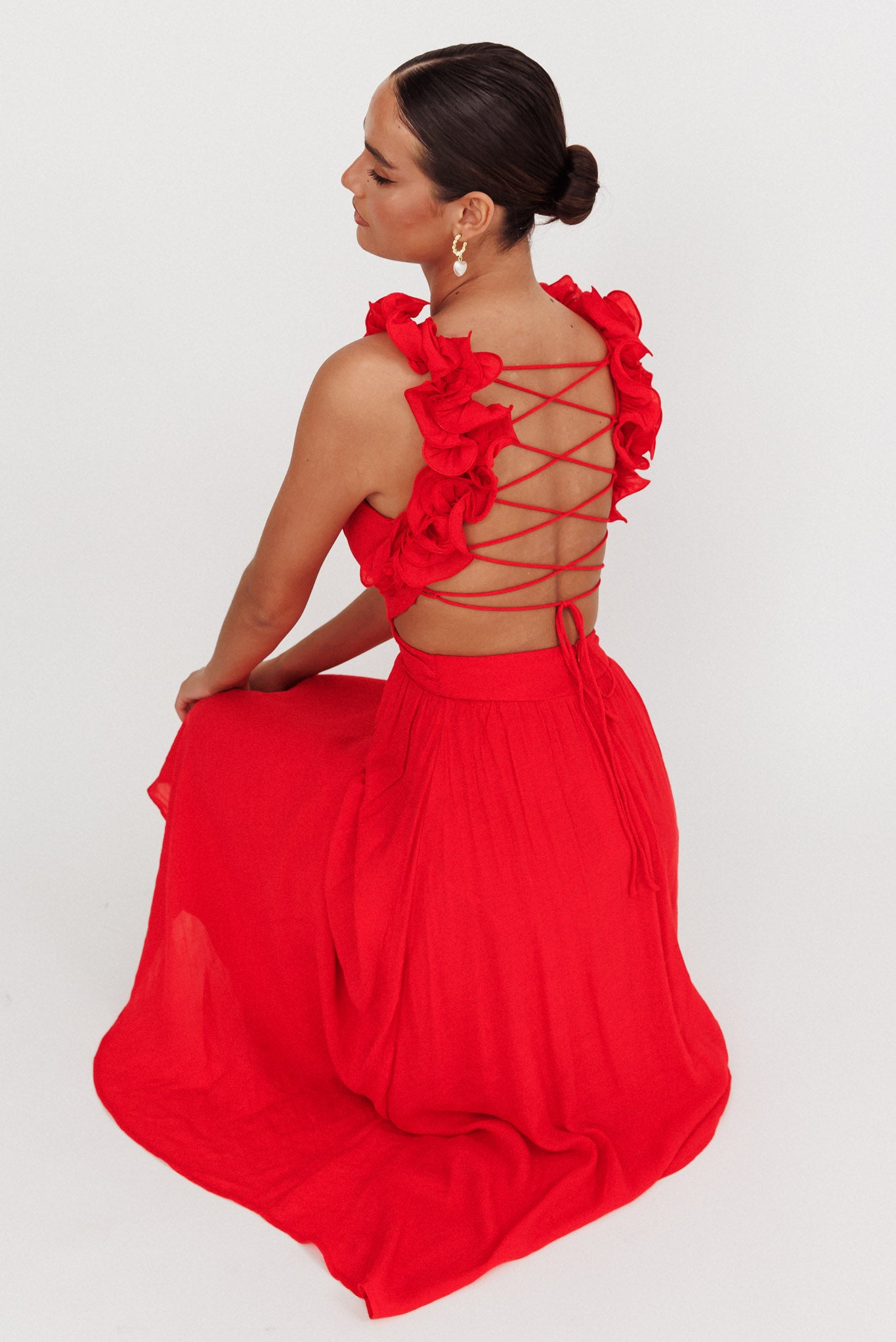 Madara Laced Back Ruffle Dress Red-Maymioy
