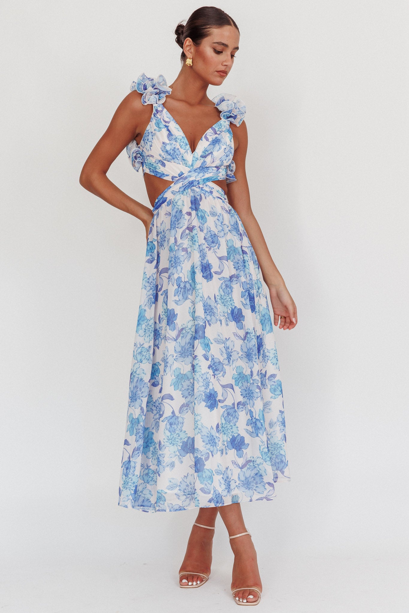 Madara Lace-Up Back Maxi Dress Floral Blue-Maymioy