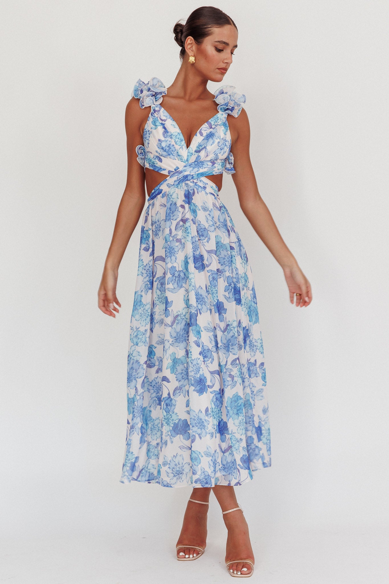 Madara Lace-Up Back Maxi Dress Floral Blue-Maymioy