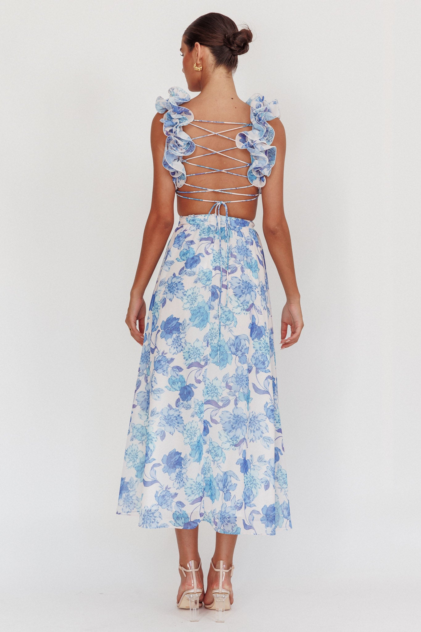 Madara Lace-Up Back Maxi Dress Floral Blue-Maymioy