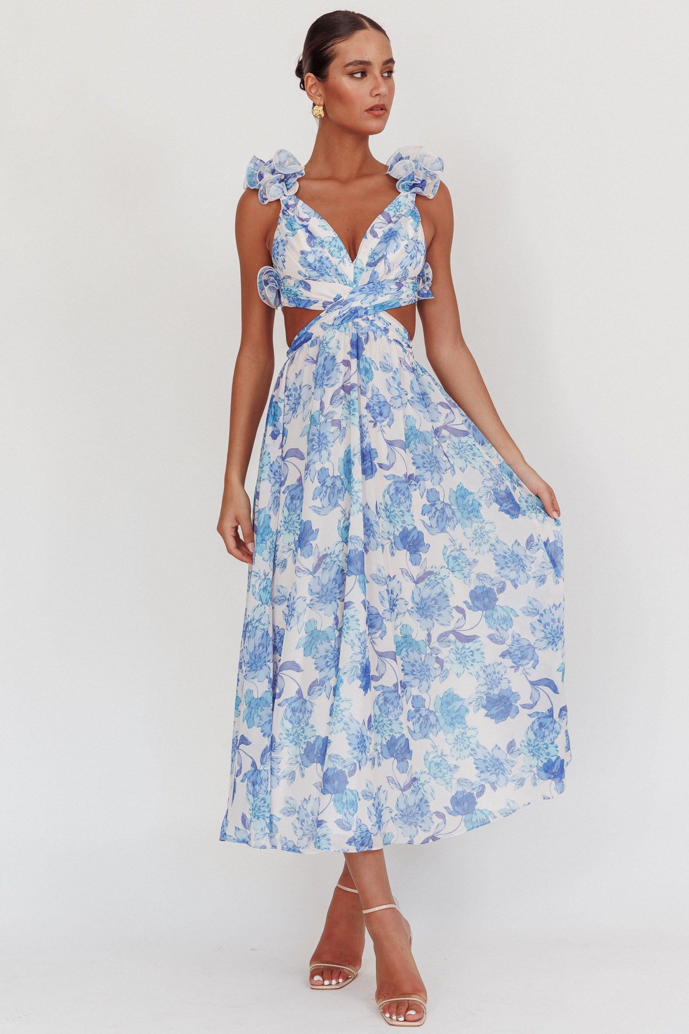 Madara Lace-Up Back Maxi Dress Floral Blue-Maymioy