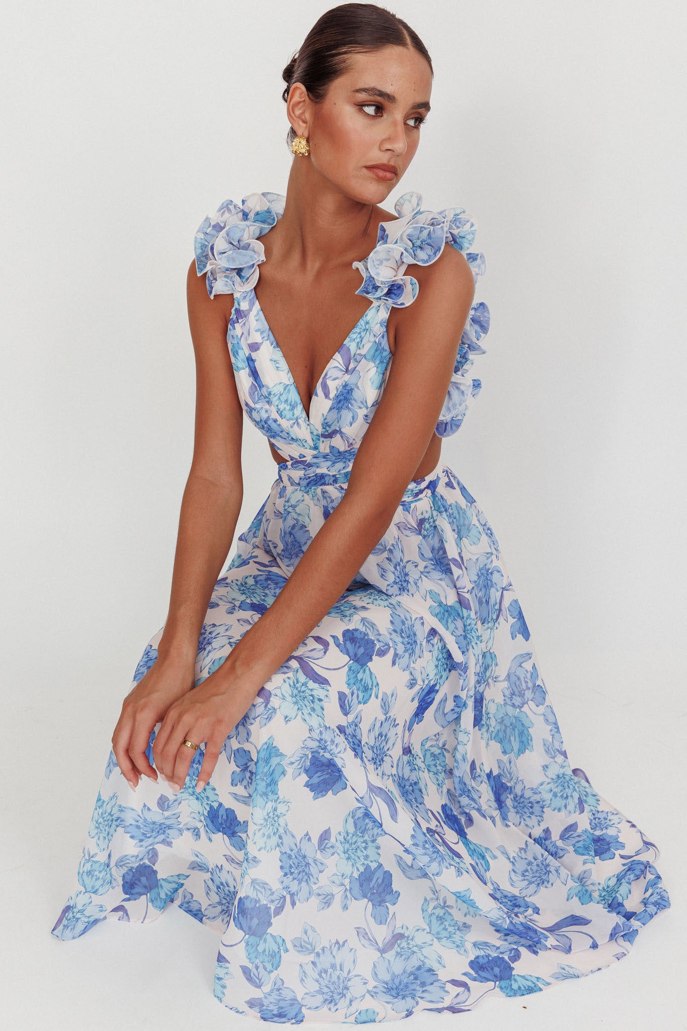 Madara Lace-Up Back Maxi Dress Floral Blue-Maymioy