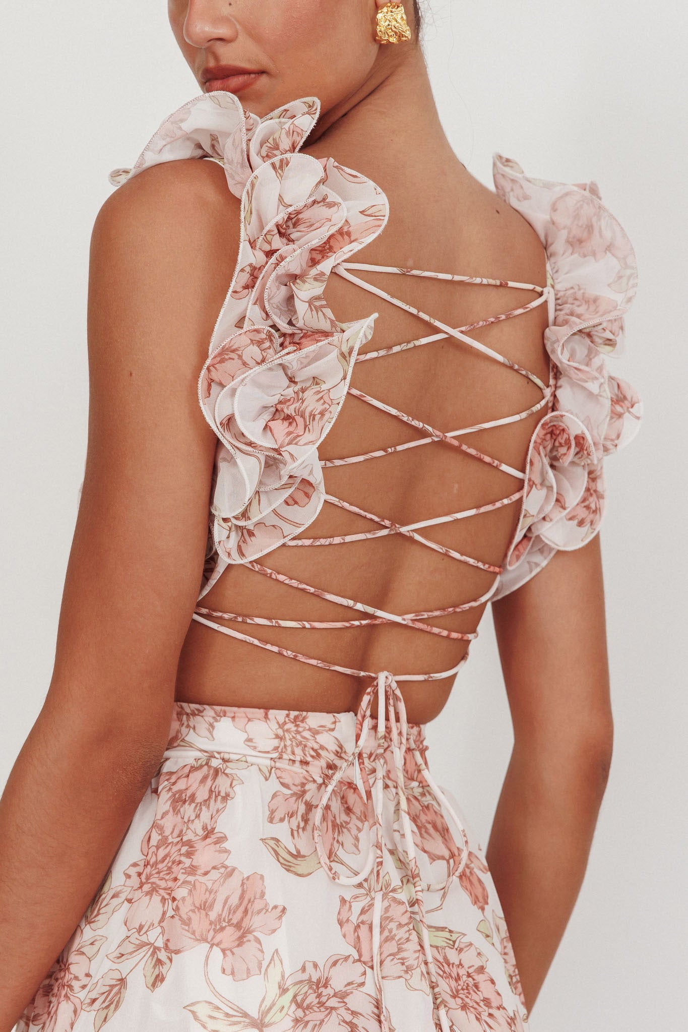 Madara Lace-Up Back Maxi Dress Floral Peach-Maymioy