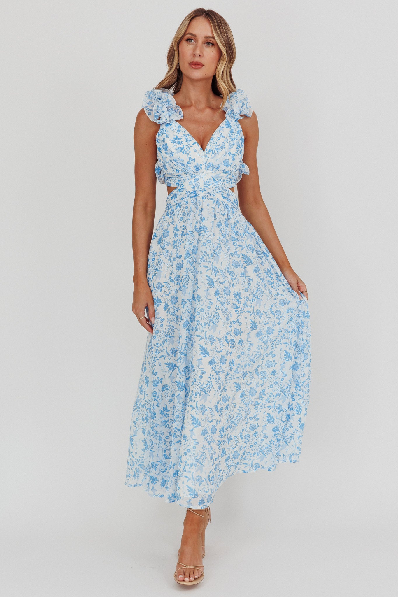 Madara Lace-Up Back Maxi Dress Flowers Blue-Maymioy