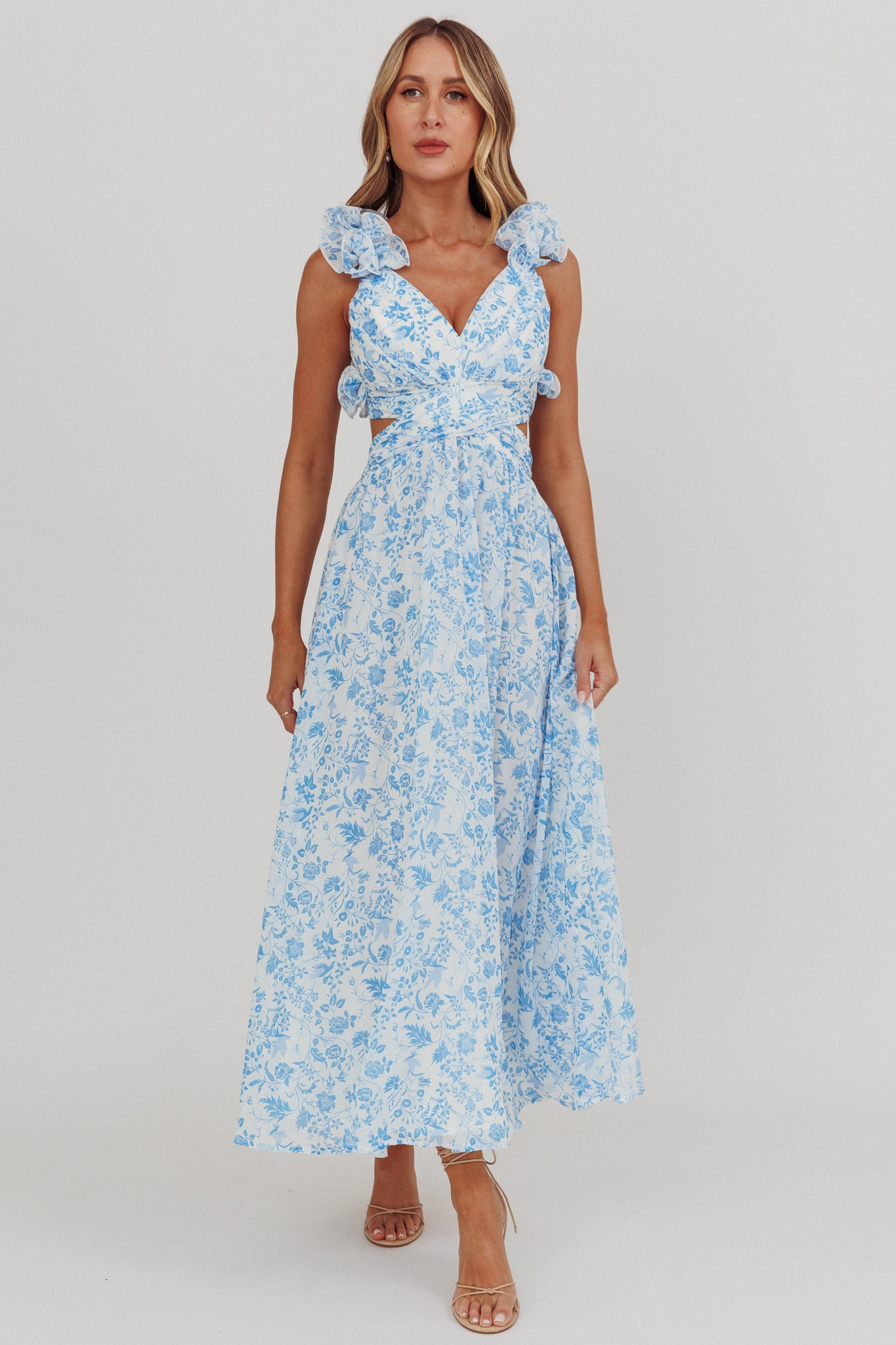 Madara Lace-Up Back Maxi Dress Flowers Blue-Maymioy