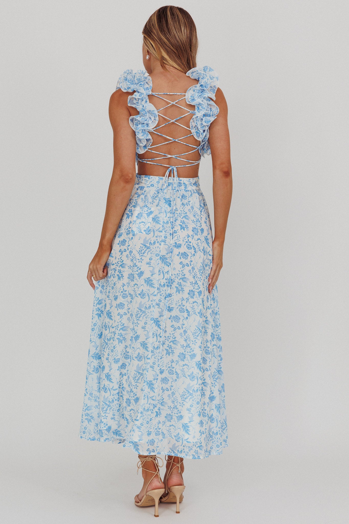 Madara Lace-Up Back Maxi Dress Flowers Blue-Maymioy