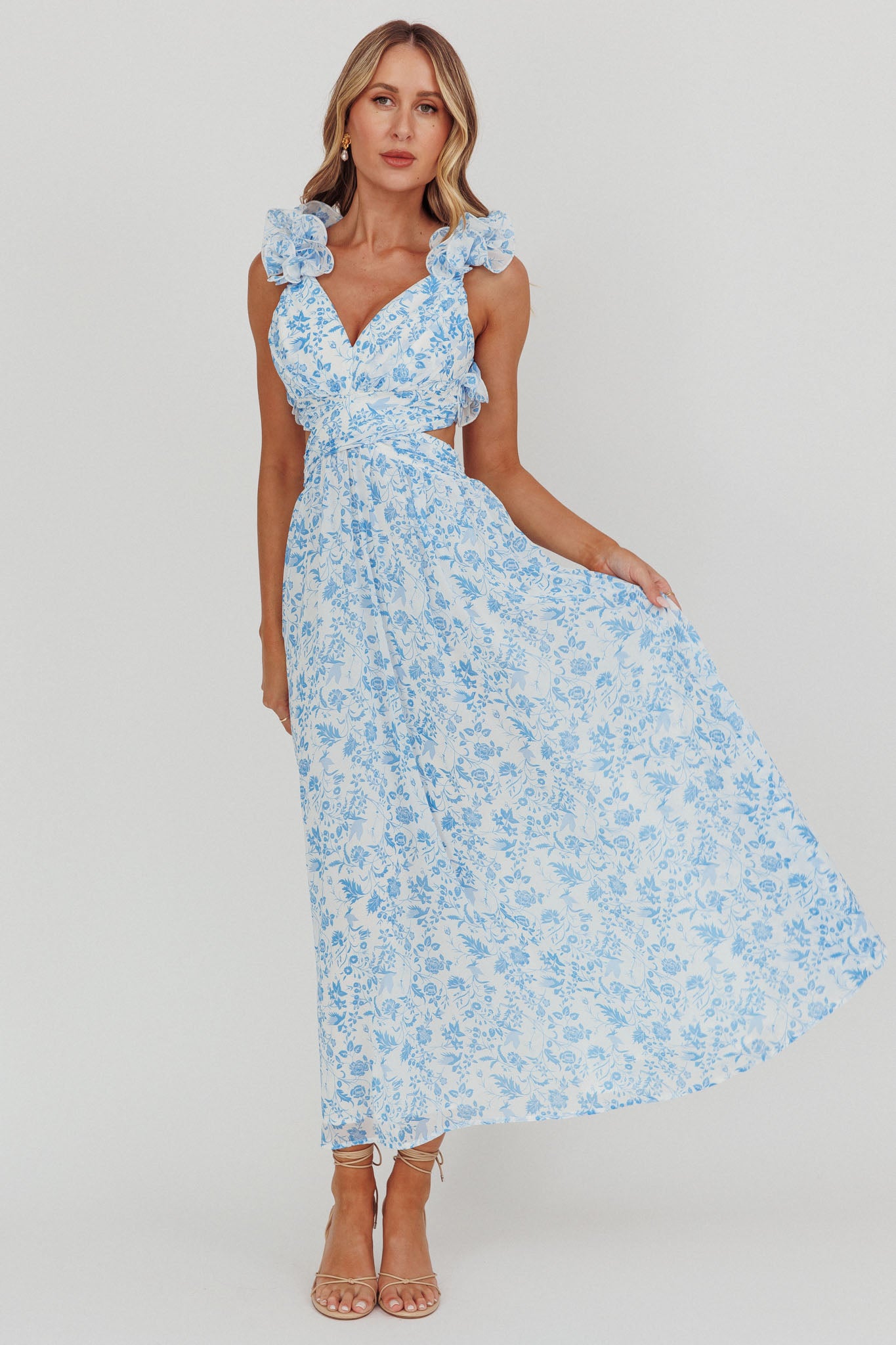 Madara Lace-Up Back Maxi Dress Flowers Blue-Maymioy