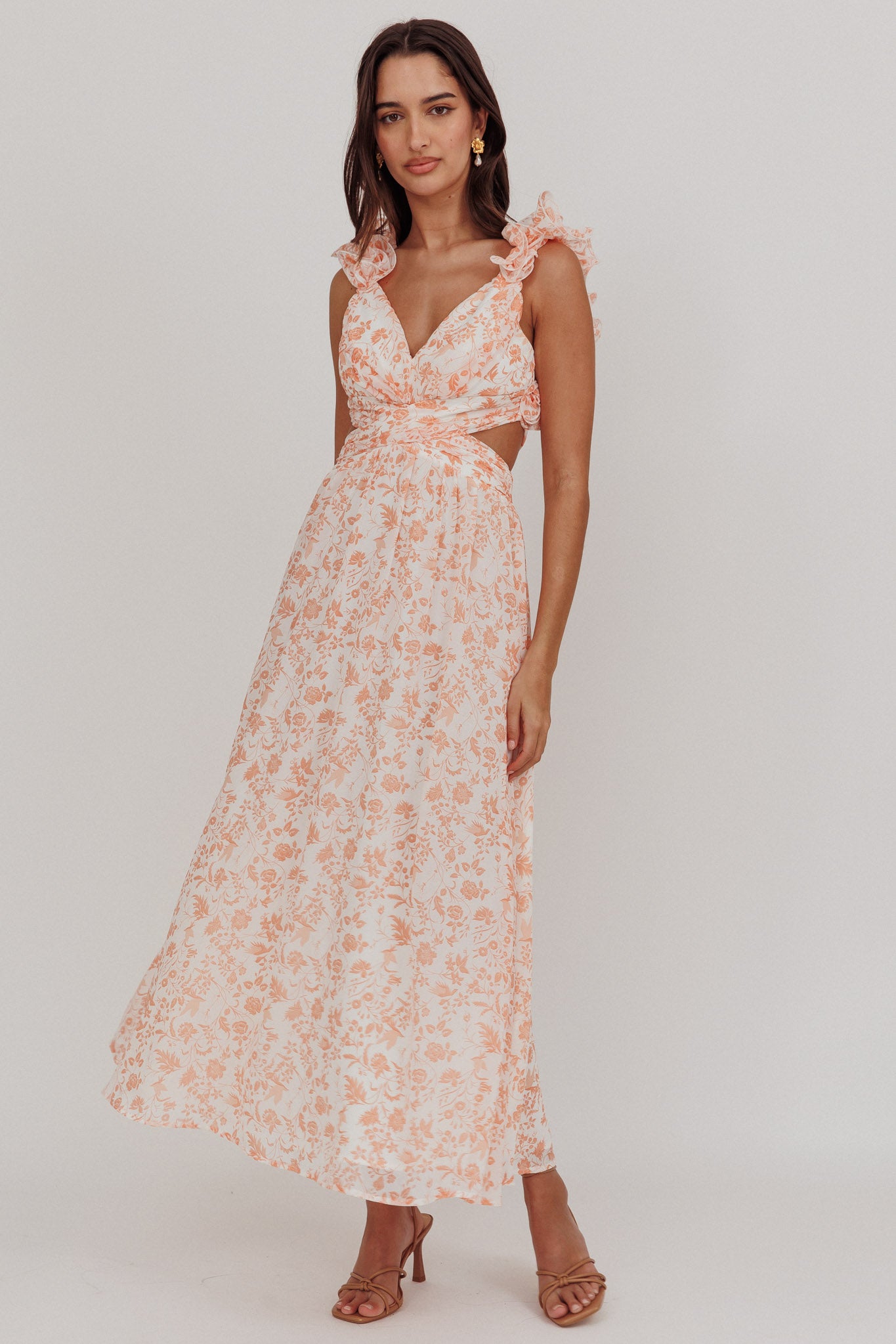 Madara Lace-Up Back Maxi Dress Flowers Orange-Maymioy
