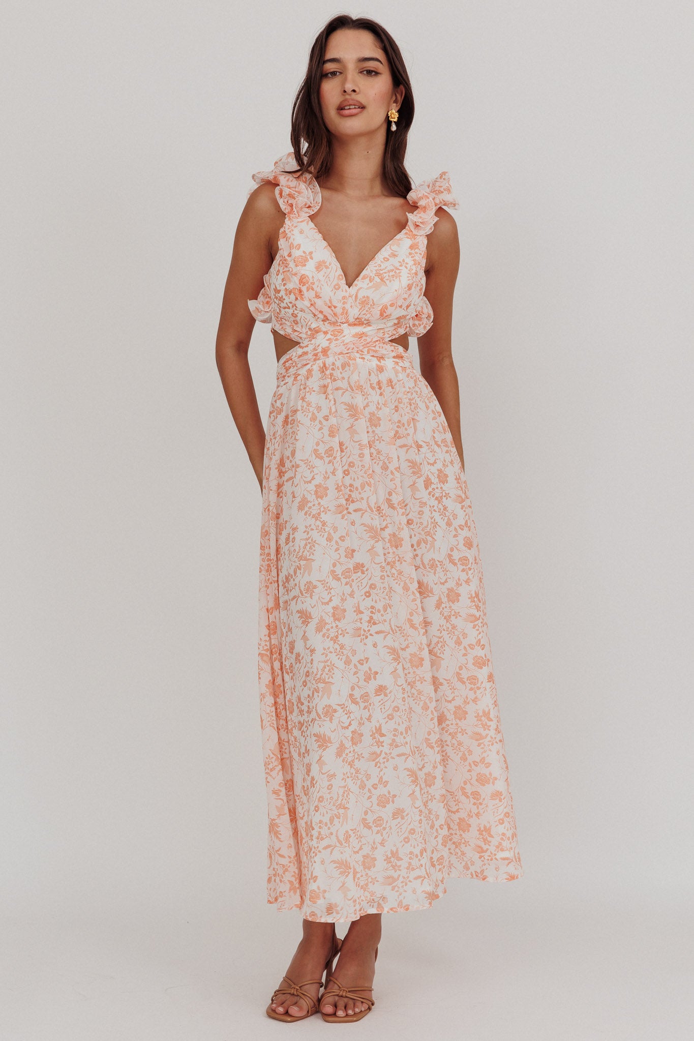 Madara Lace-Up Back Maxi Dress Flowers Orange-Maymioy