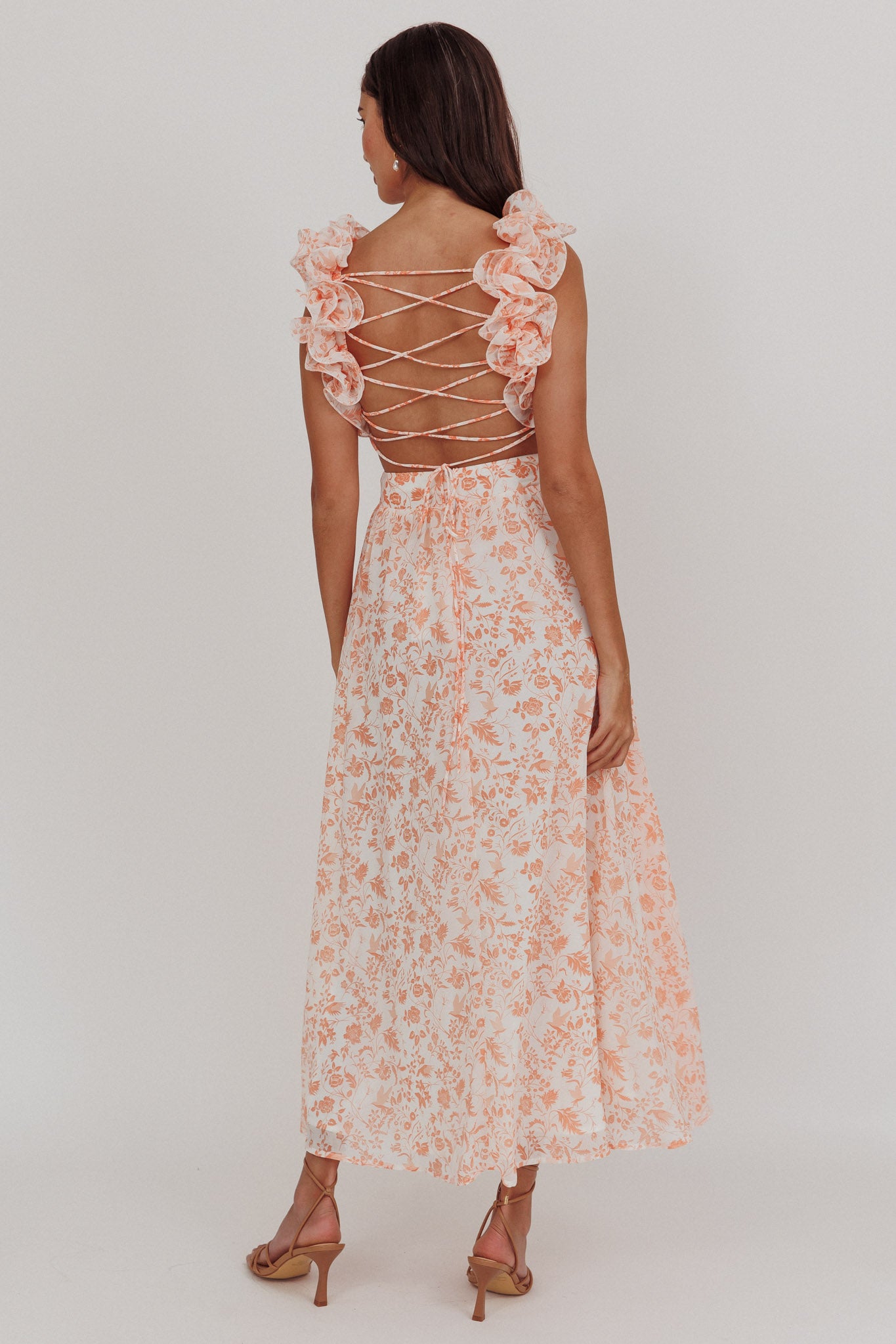 Madara Lace-Up Back Maxi Dress Flowers Orange-Maymioy