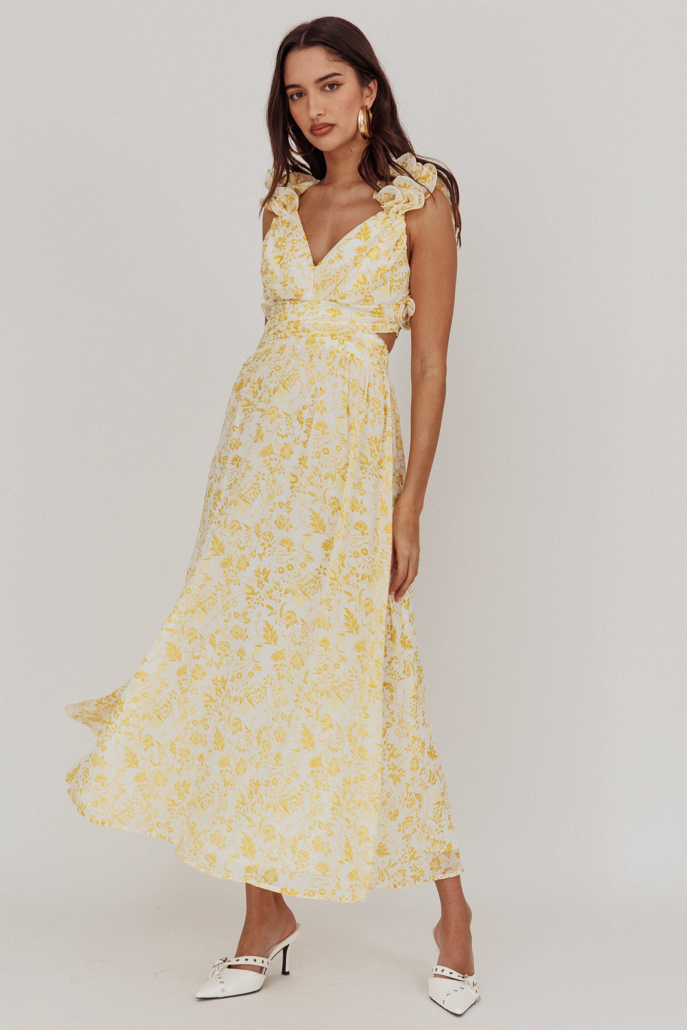 Madara Lace-Up Back Maxi Dress Floral Yellow-Maymioy