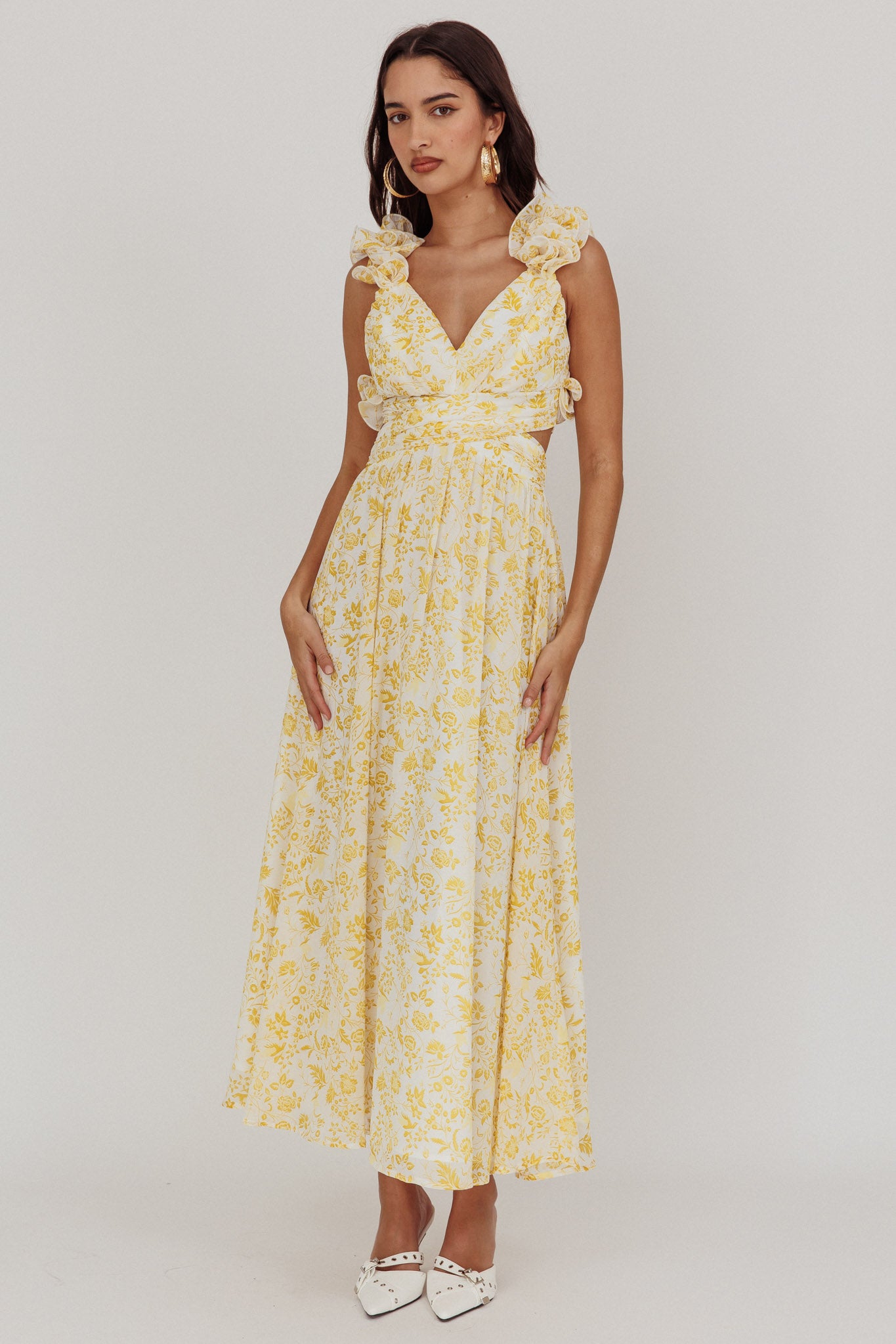 Madara Lace-Up Back Maxi Dress Floral Yellow-Maymioy