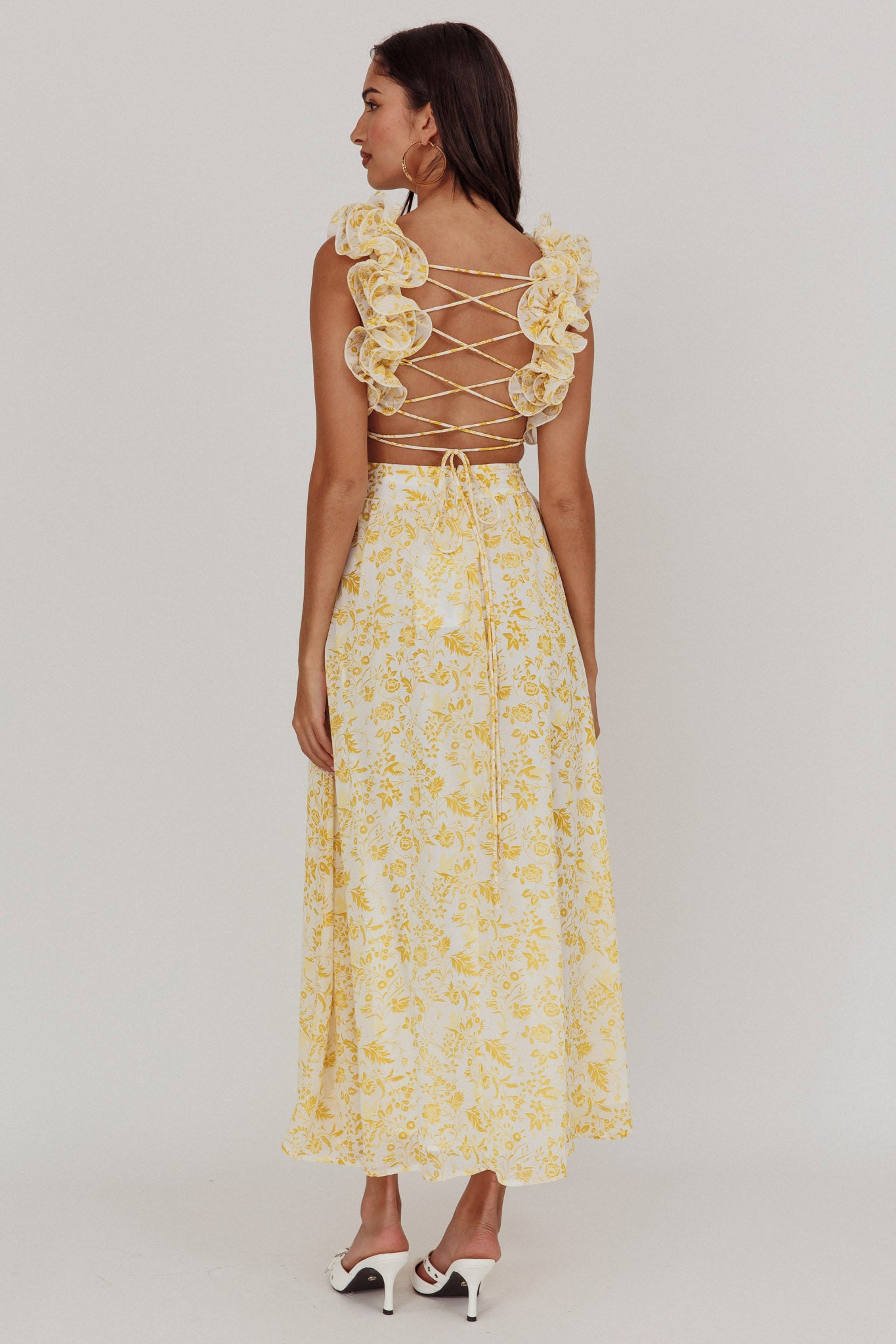 Madara Lace-Up Back Maxi Dress Floral Yellow-Maymioy