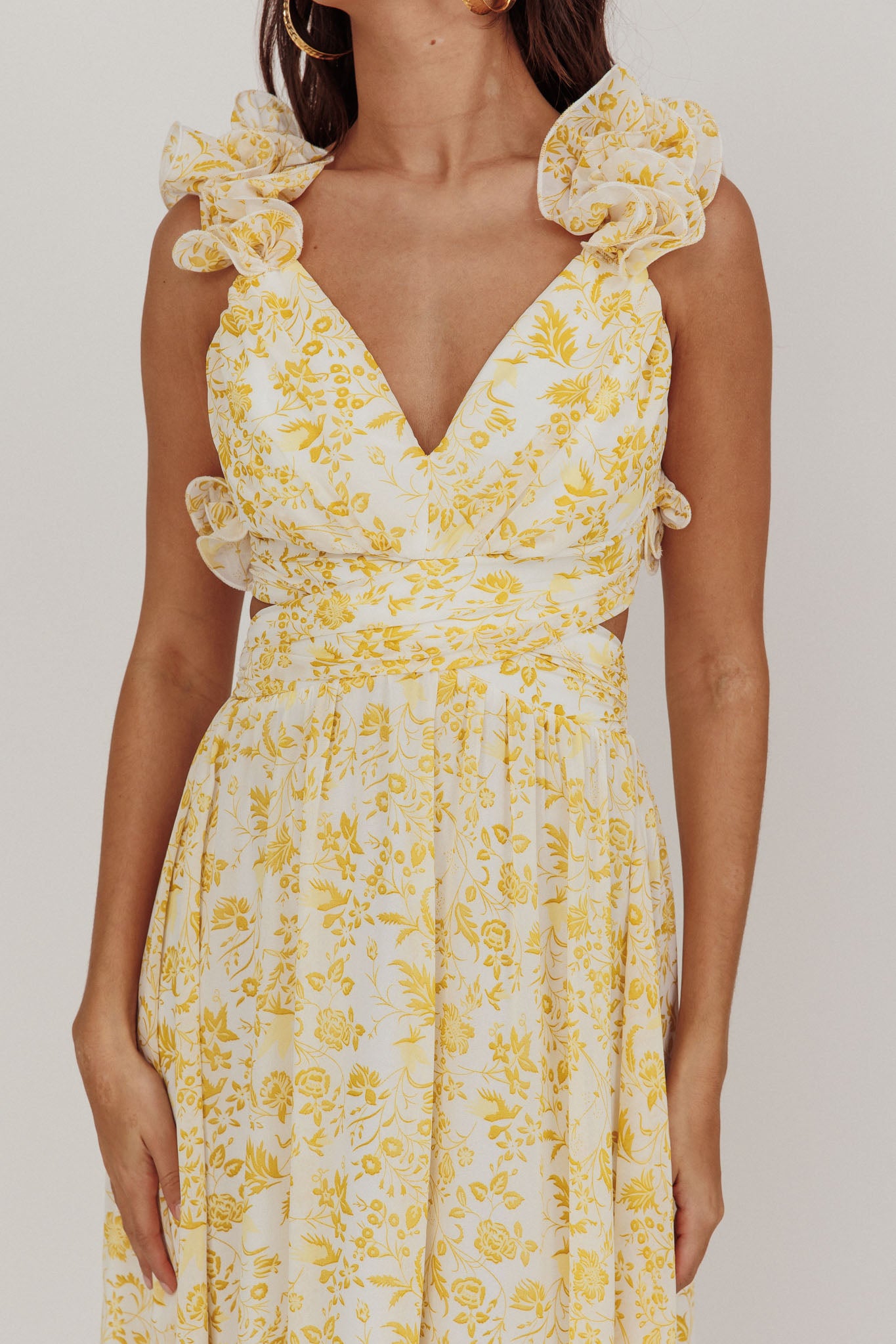 Madara Lace-Up Back Maxi Dress Floral Yellow-Maymioy
