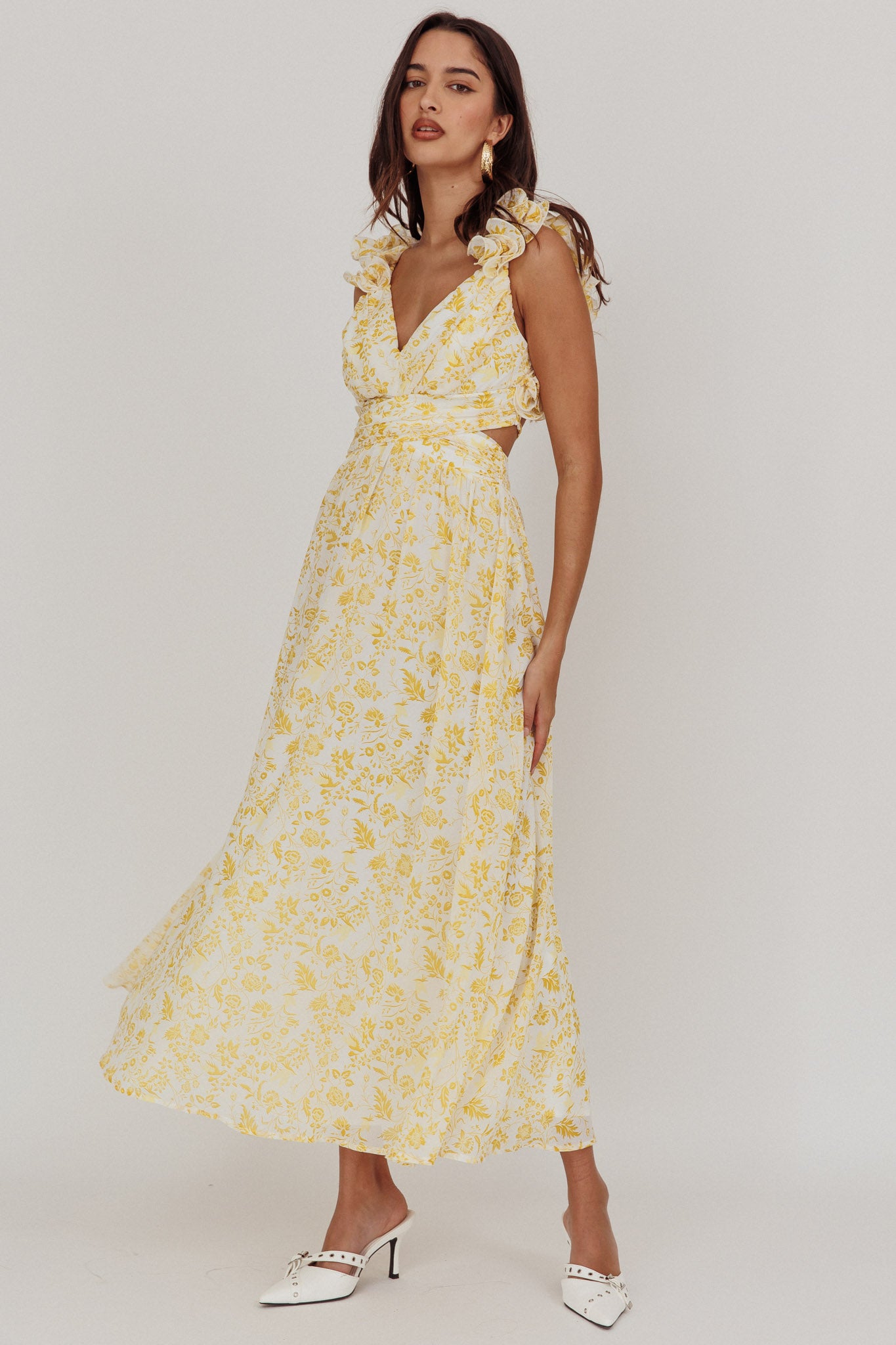Madara Lace-Up Back Maxi Dress Floral Yellow-Maymioy