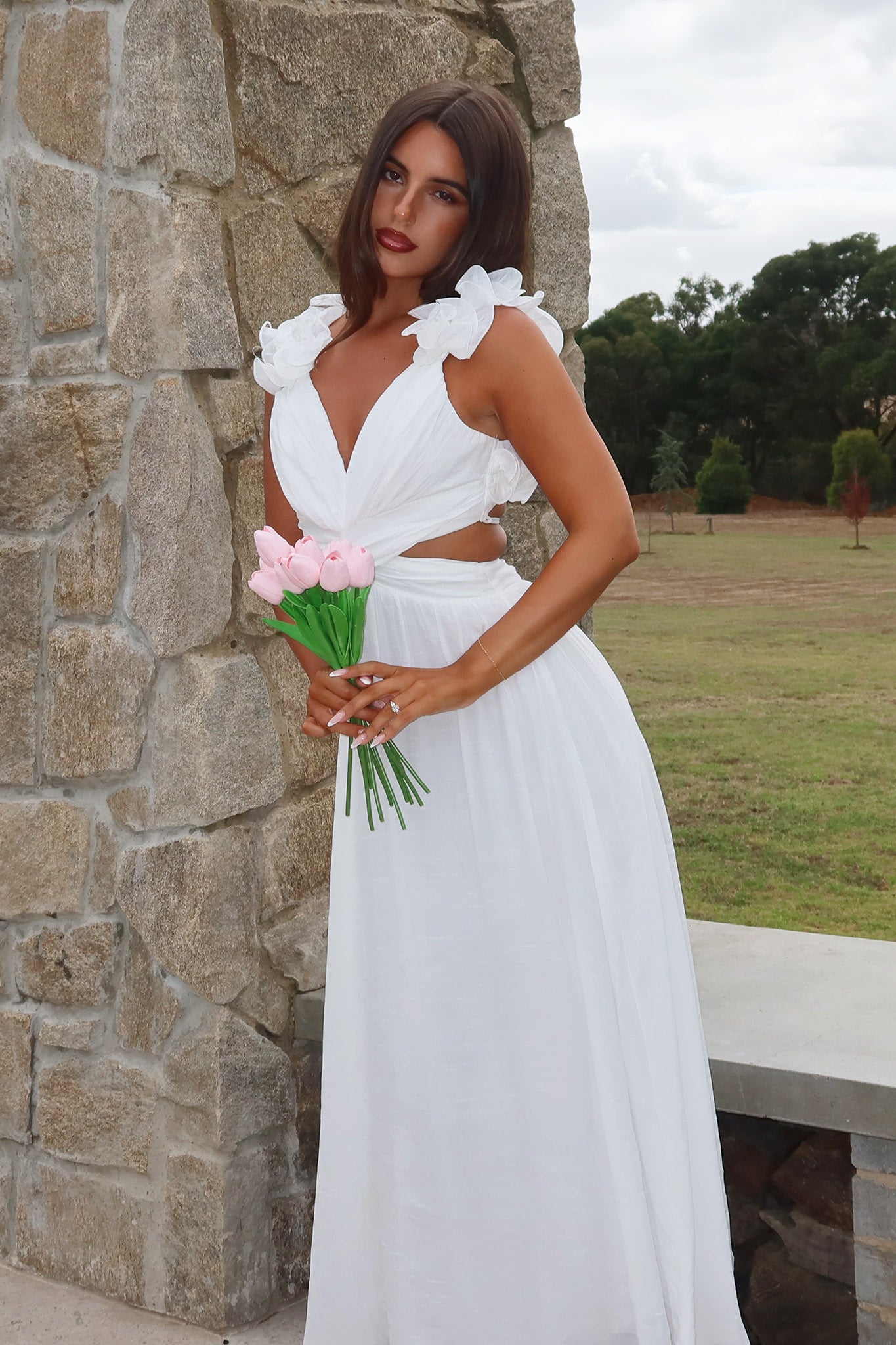 Madara Lace-Up Back Maxi Dress White-Maymioy