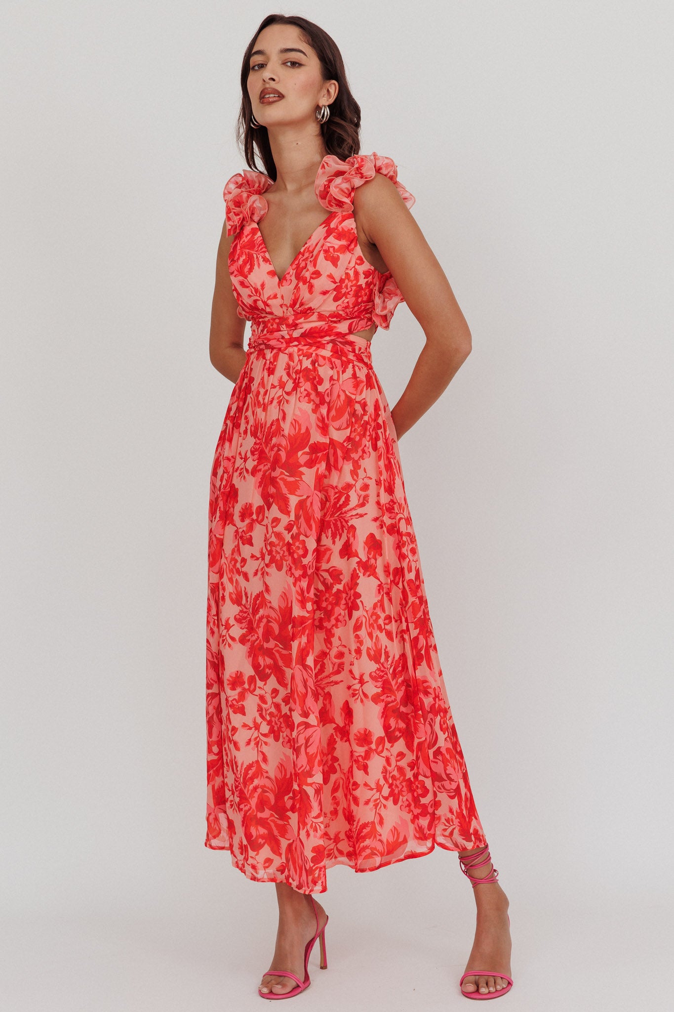 Madara Lace-Up Back Maxi Dress Floral Red-Maymioy
