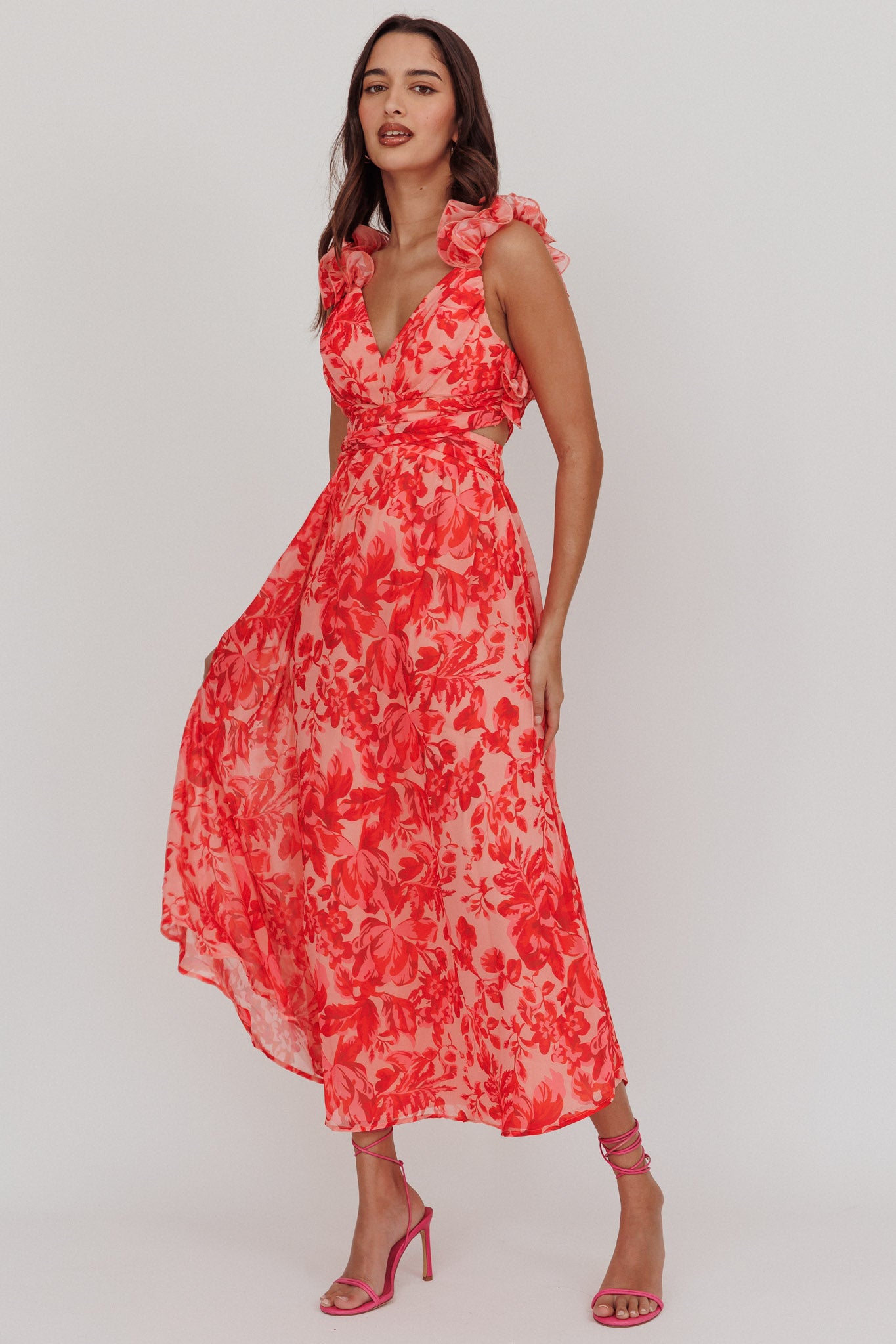 Madara Lace-Up Back Maxi Dress Floral Red-Maymioy