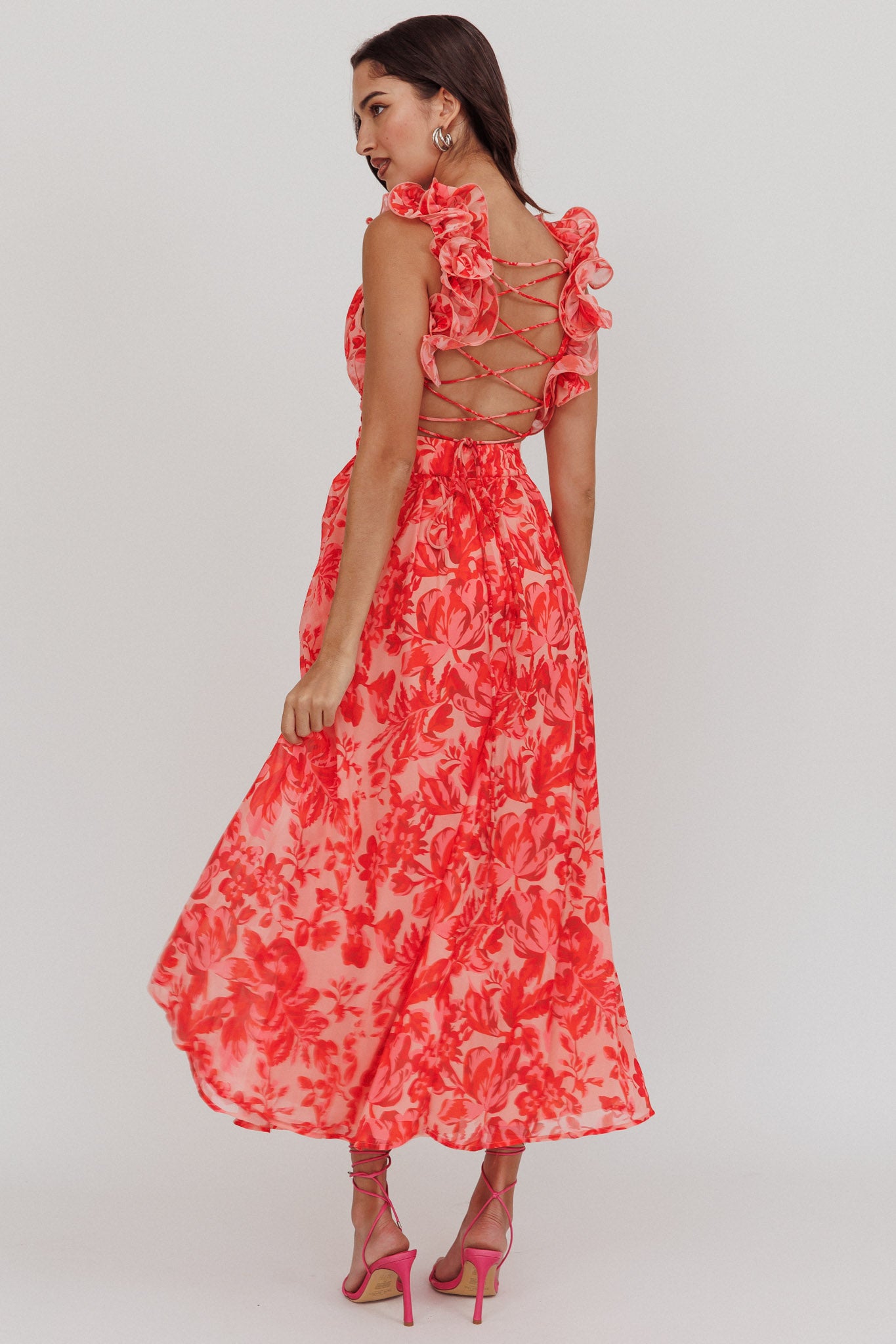 Madara Lace-Up Back Maxi Dress Floral Red-Maymioy