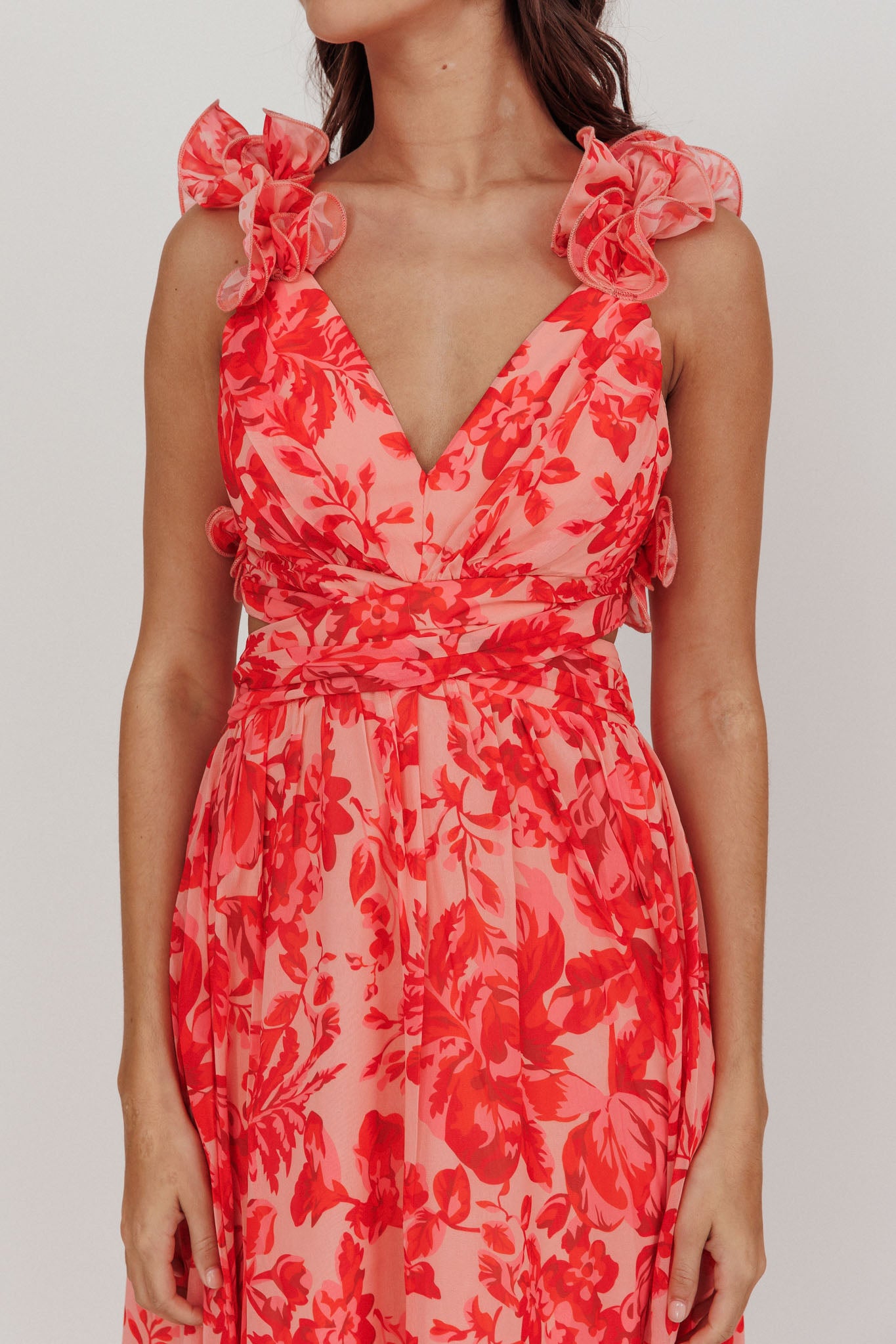 Madara Lace-Up Back Maxi Dress Floral Red-Maymioy