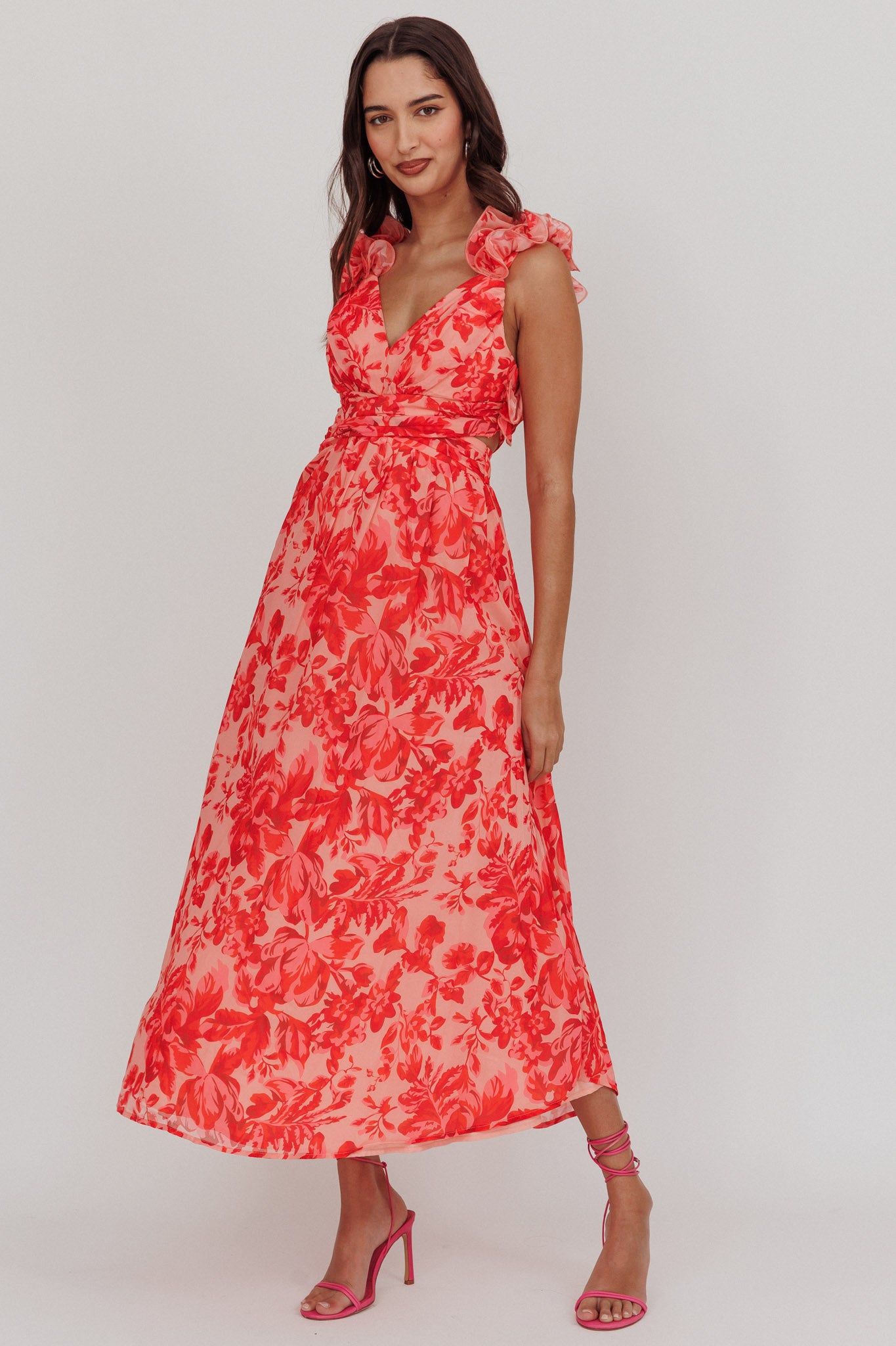 Madara Lace-Up Back Maxi Dress Floral Red-Maymioy