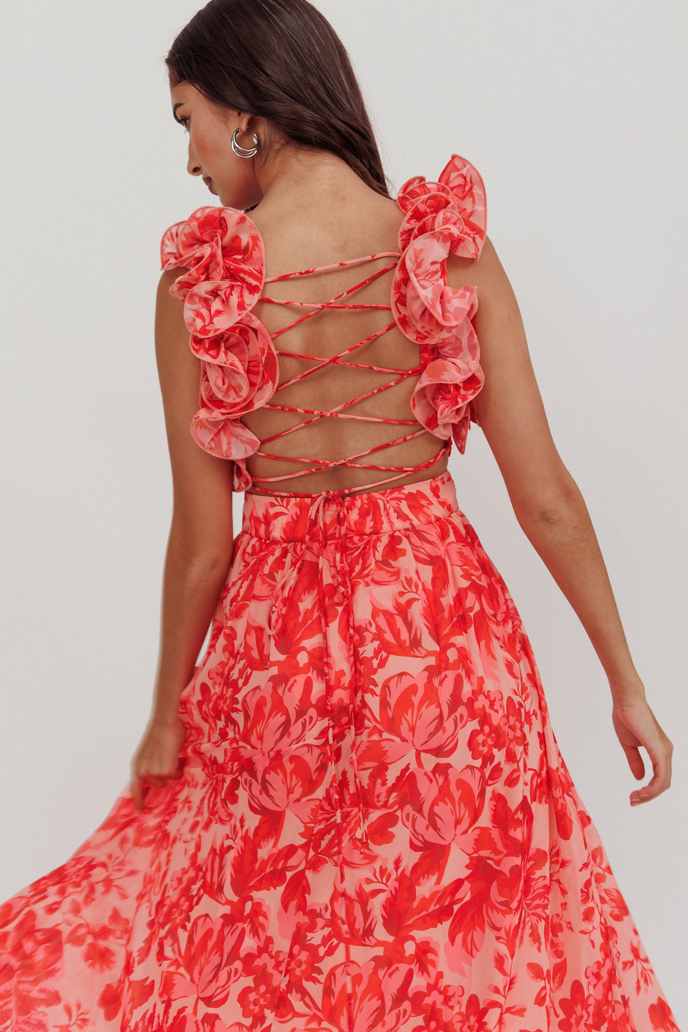 Madara Lace-Up Back Maxi Dress Floral Red-Maymioy