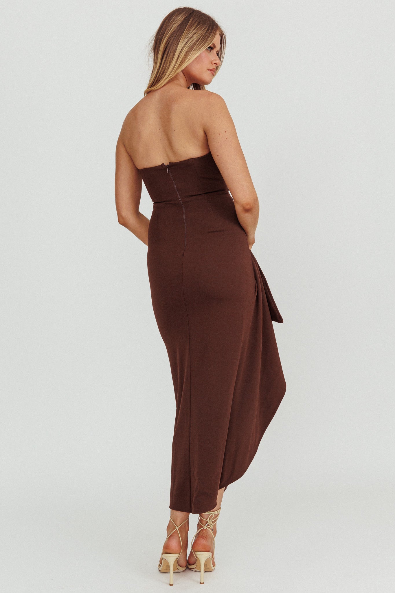 Cha Cha Strapless Thigh Split Dress Chocolate-Maymioy