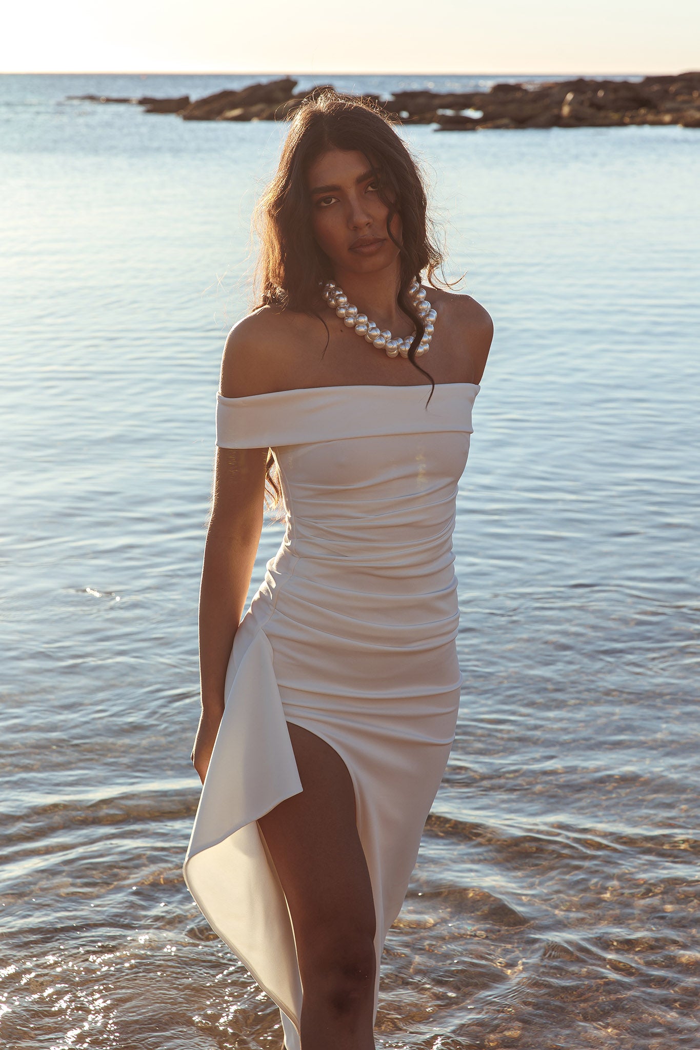 Cha Cha Off Shoulder Thigh Split Maxi Dress Off White-Maymioy