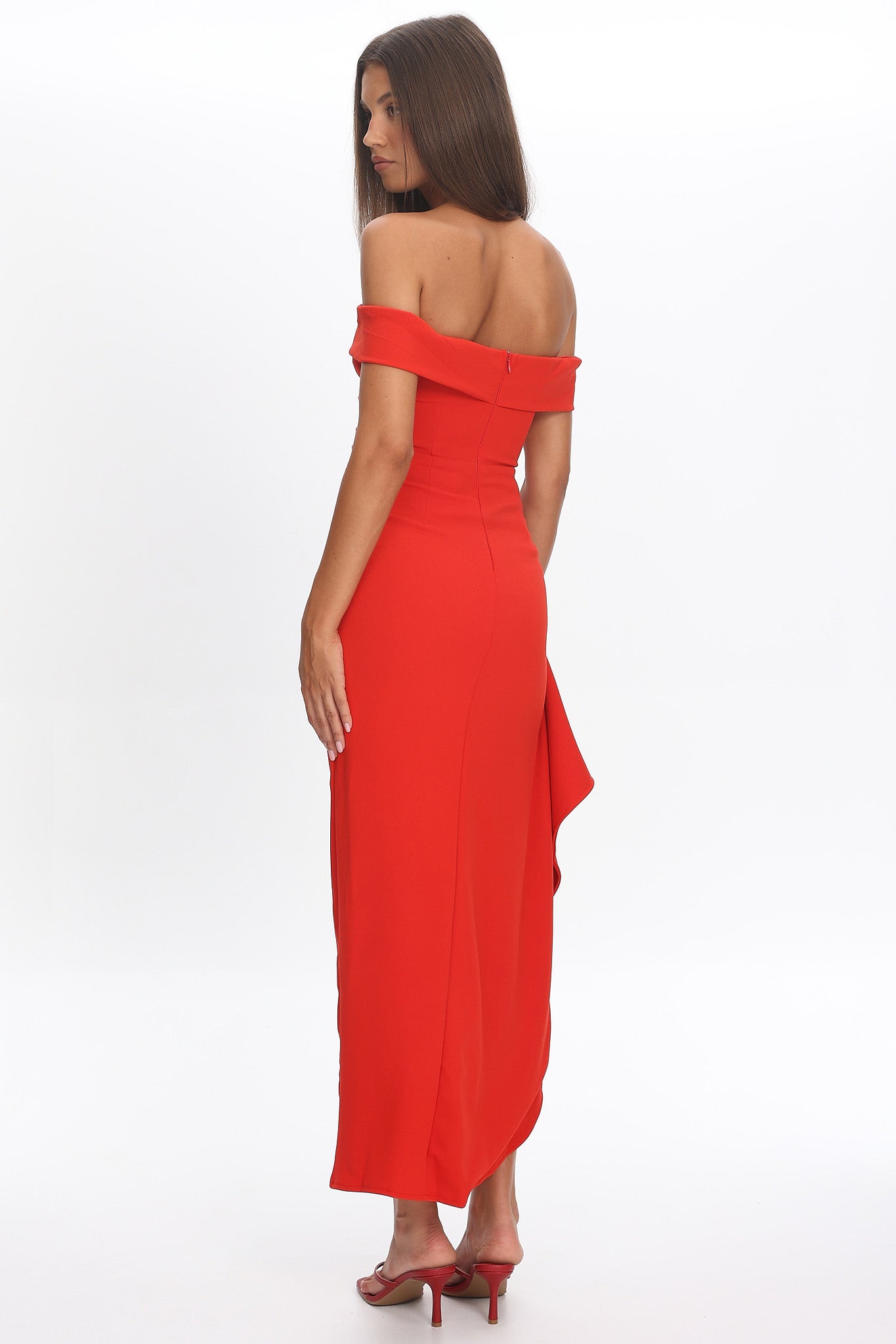Cha Cha Off Shoulder Thigh Split Maxi Dress Red-Maymioy