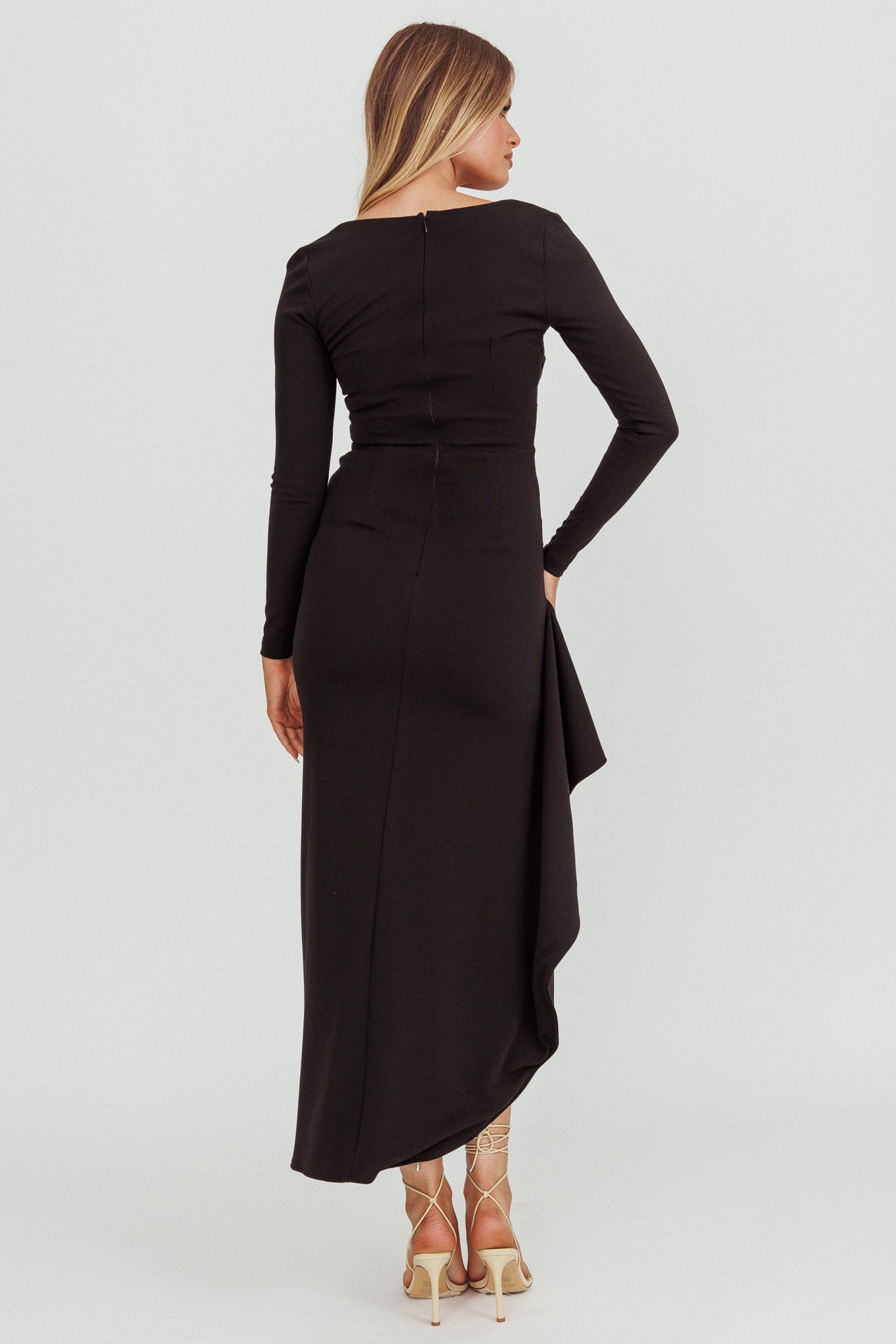 Cha Cha Long Sleeve Thigh Split Dress Black-Maymioy
