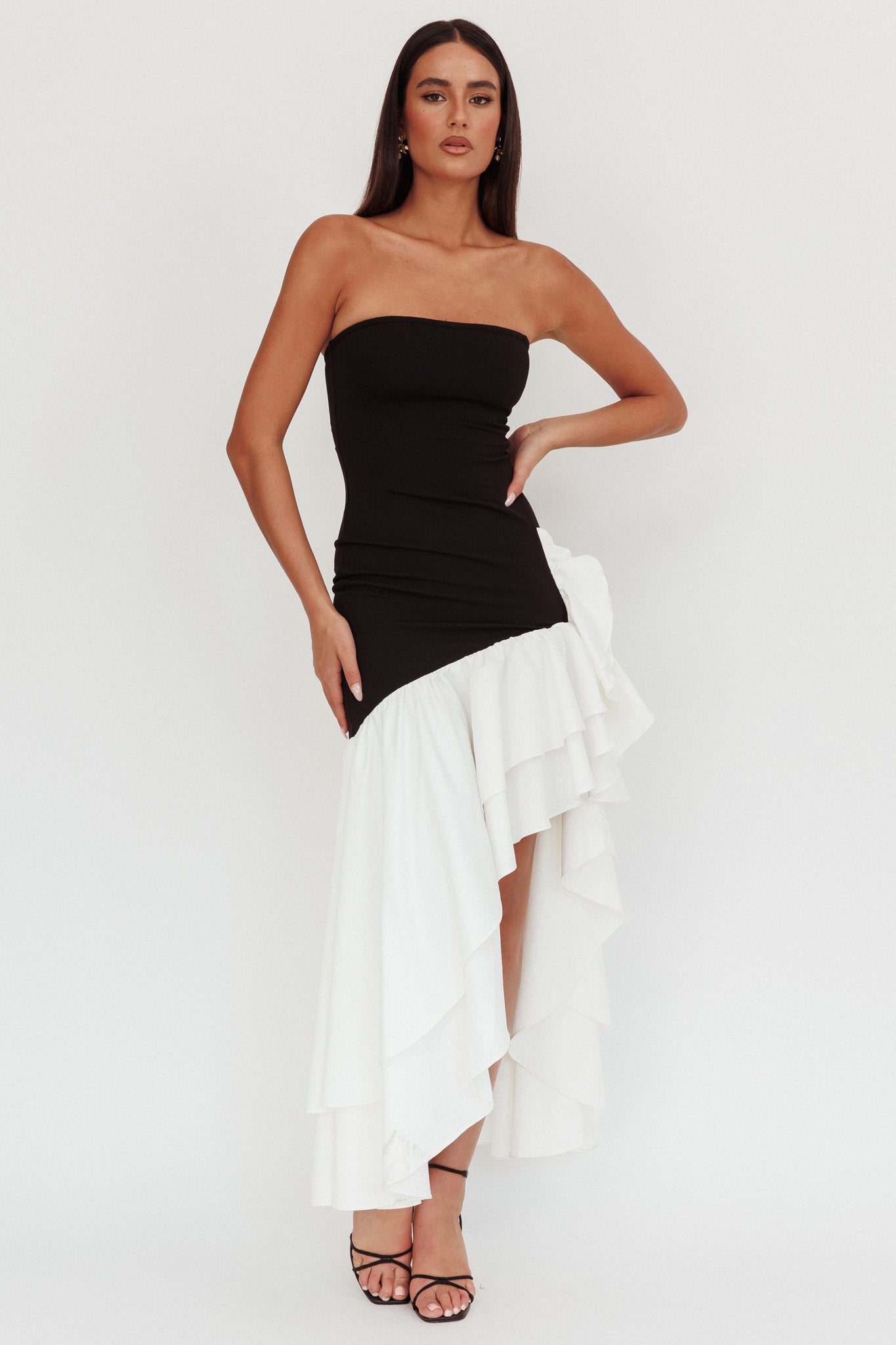 Cha Cha Strapless Thigh Split Dress Black/White-Maymioy