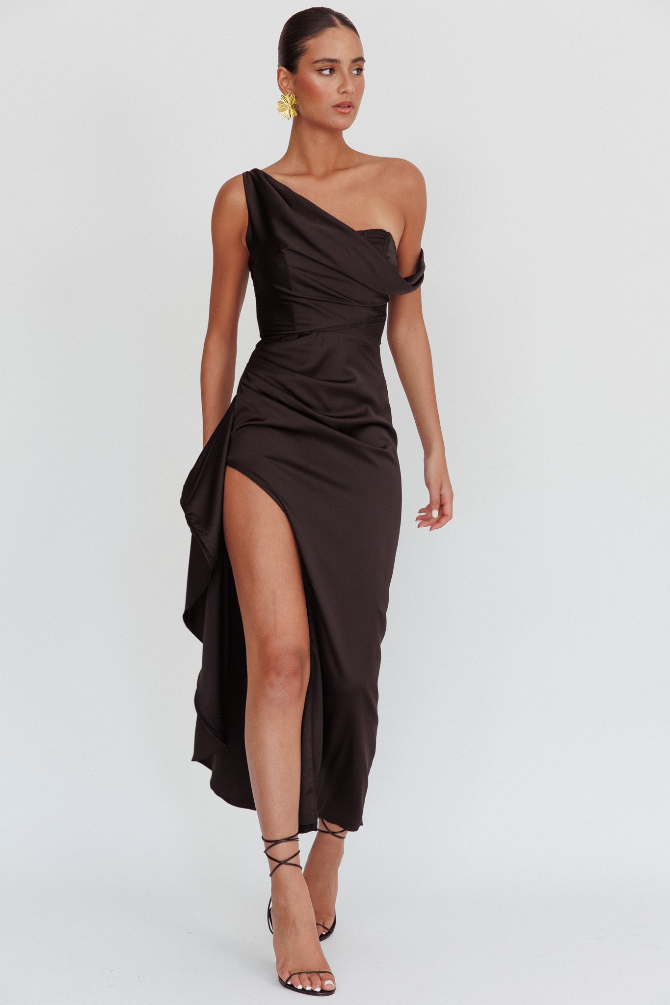 Sensations Off Shoulder Satin Maxi Dress Black-Maymioy