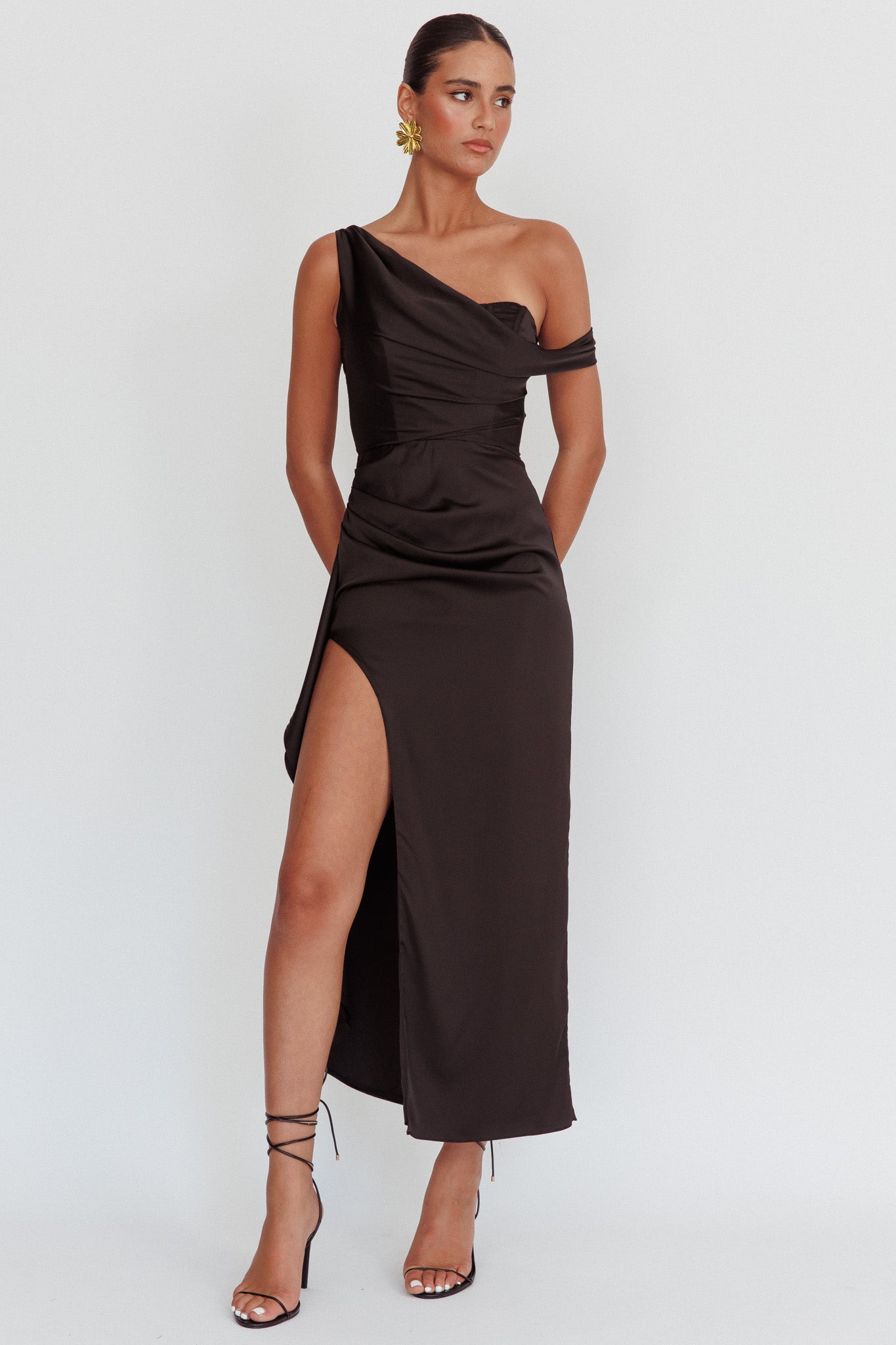 Sensations Off Shoulder Satin Maxi Dress Black-Maymioy