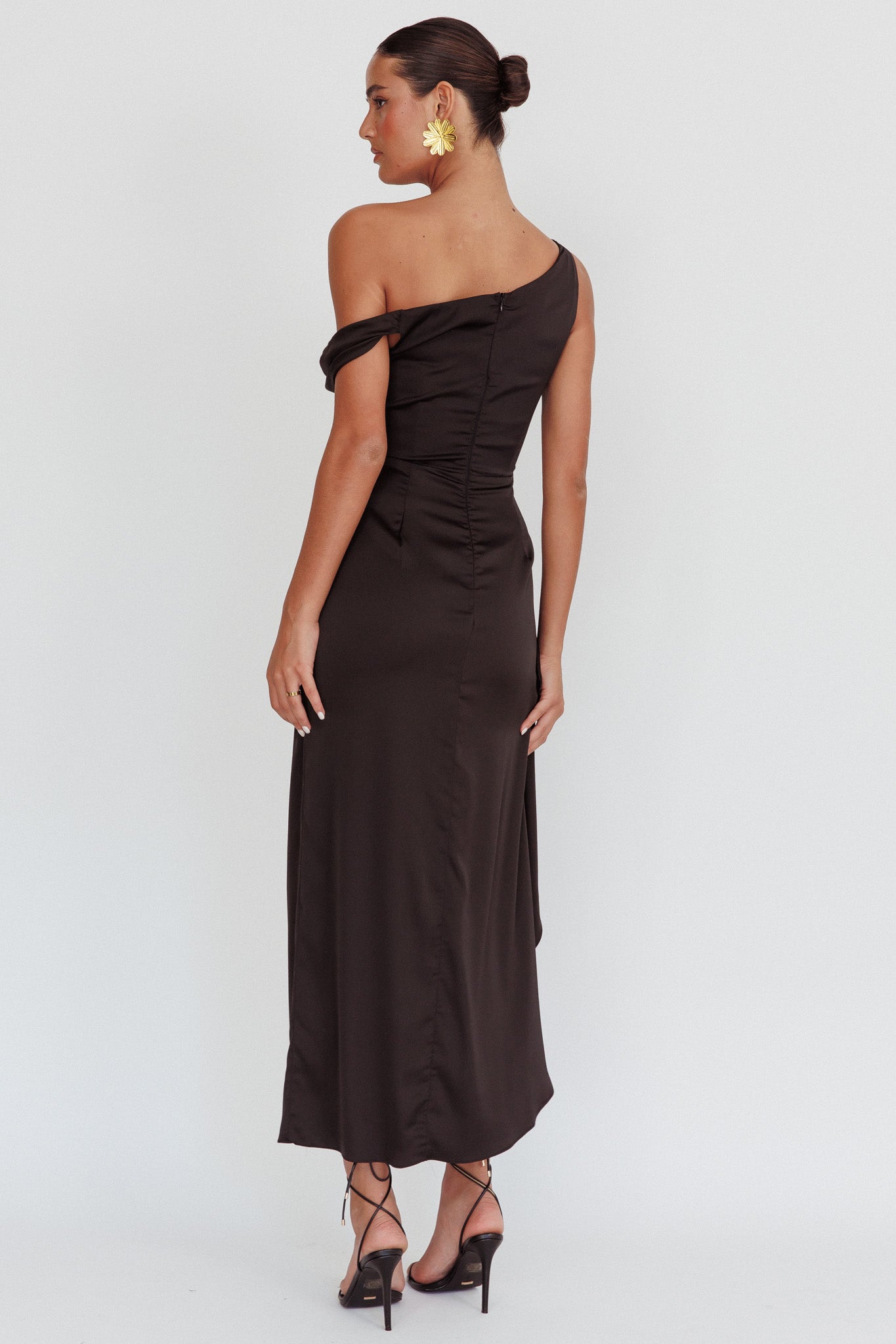 Sensations Off Shoulder Satin Maxi Dress Black-Maymioy