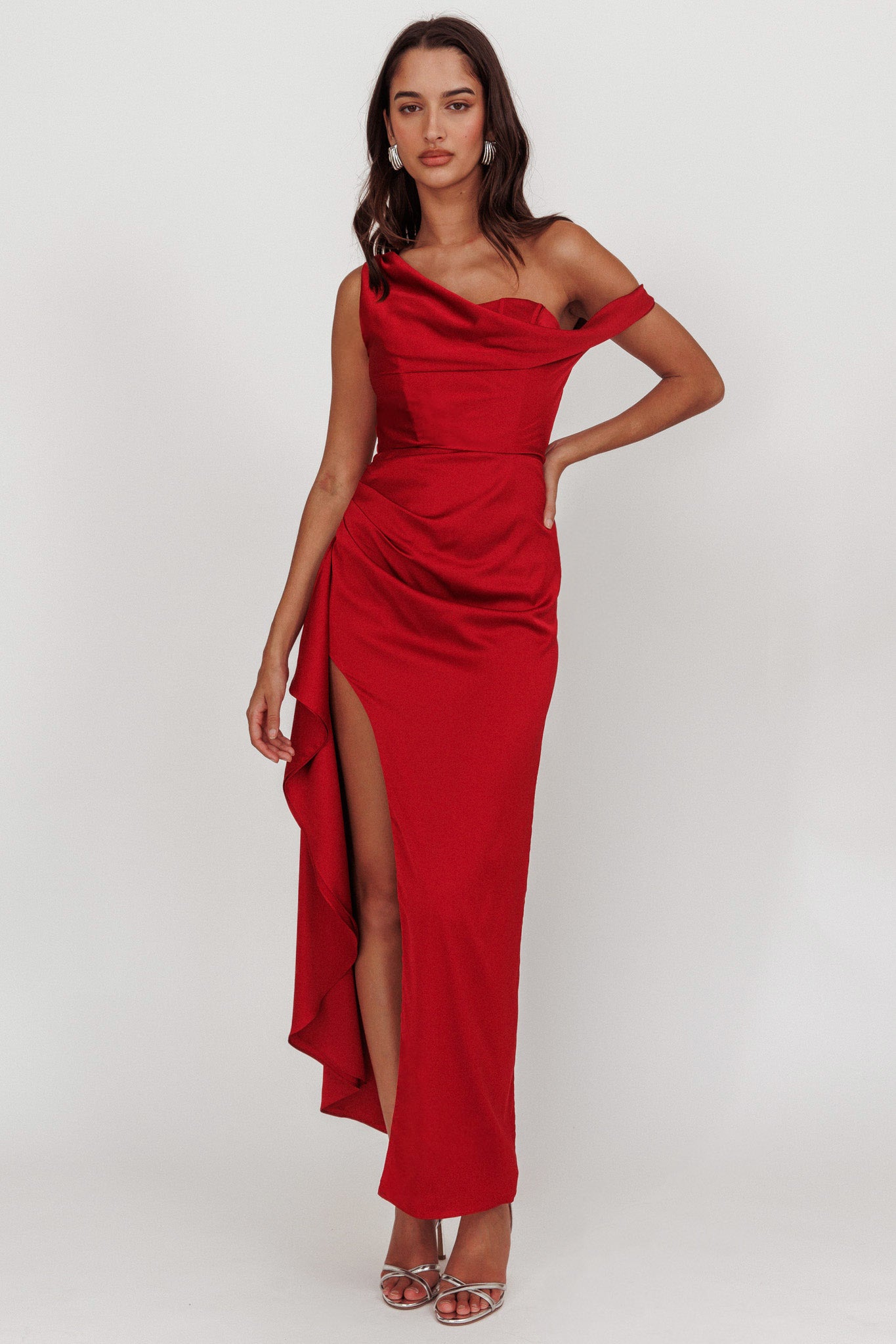 Sensations Off Shoulder Satin Maxi Dress Red-Maymioy