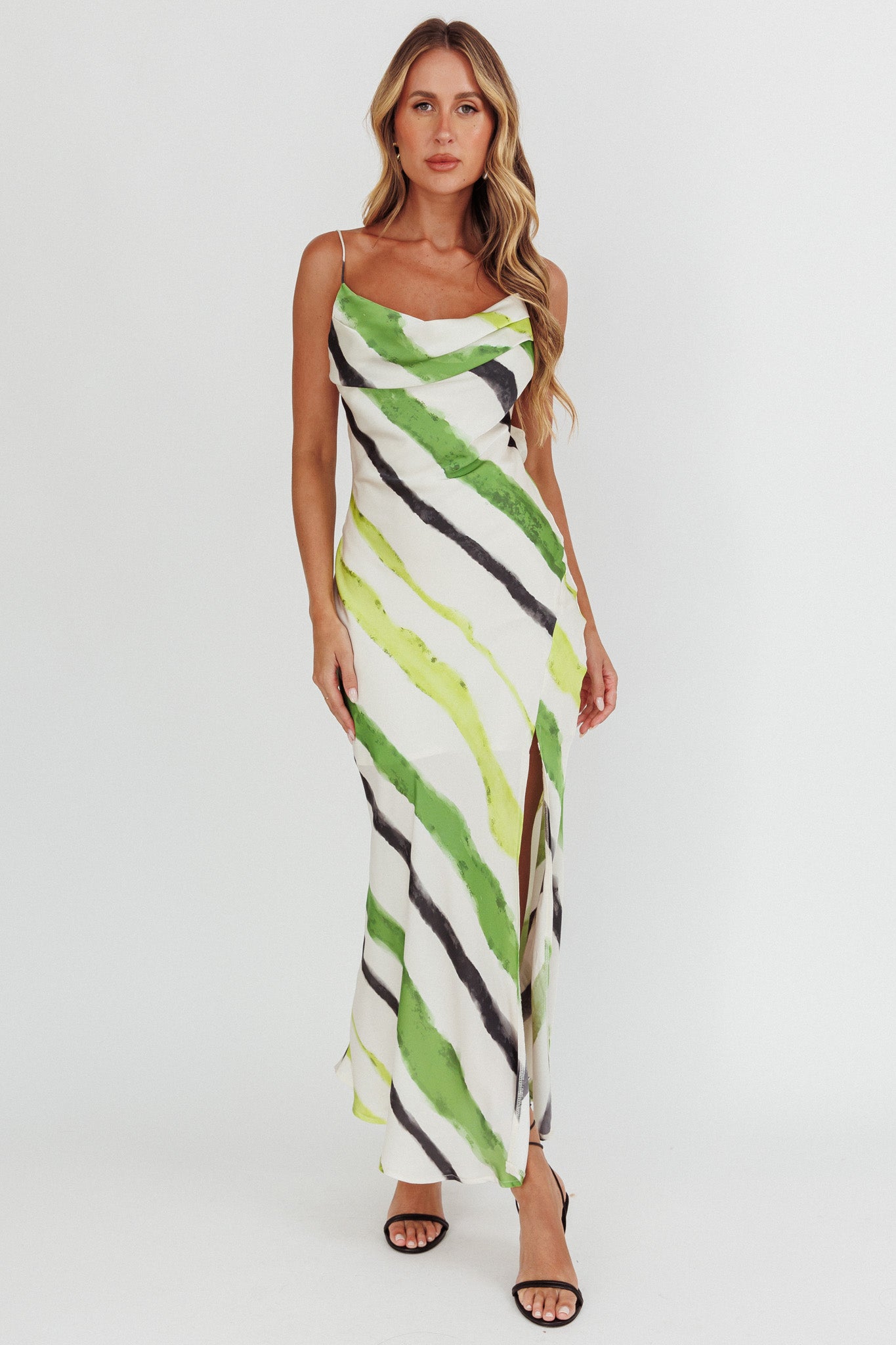 Blondine Cowl Bust Split Maxi Dress Green-Maymioy