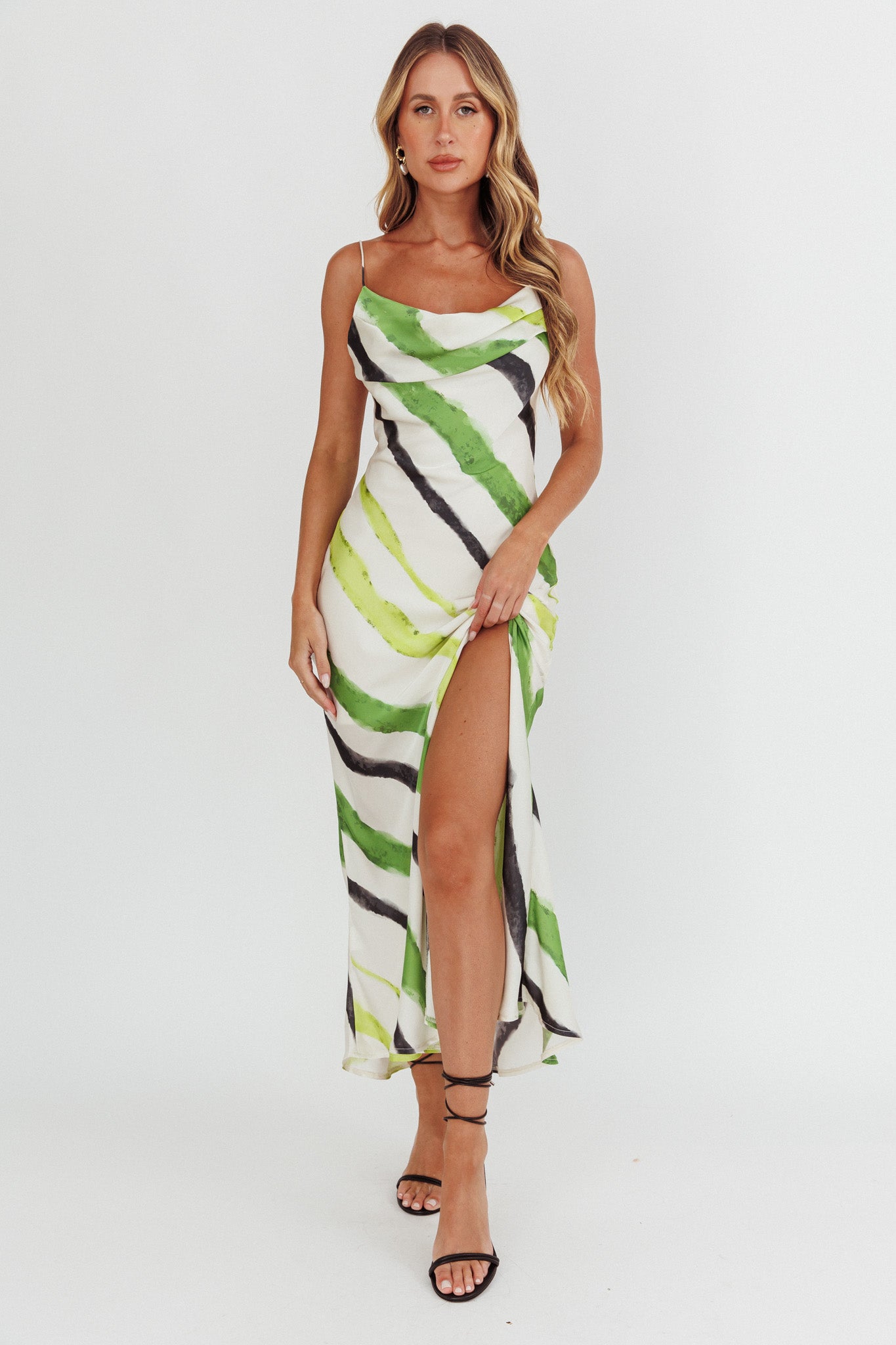 Blondine Cowl Bust Split Maxi Dress Green-Maymioy