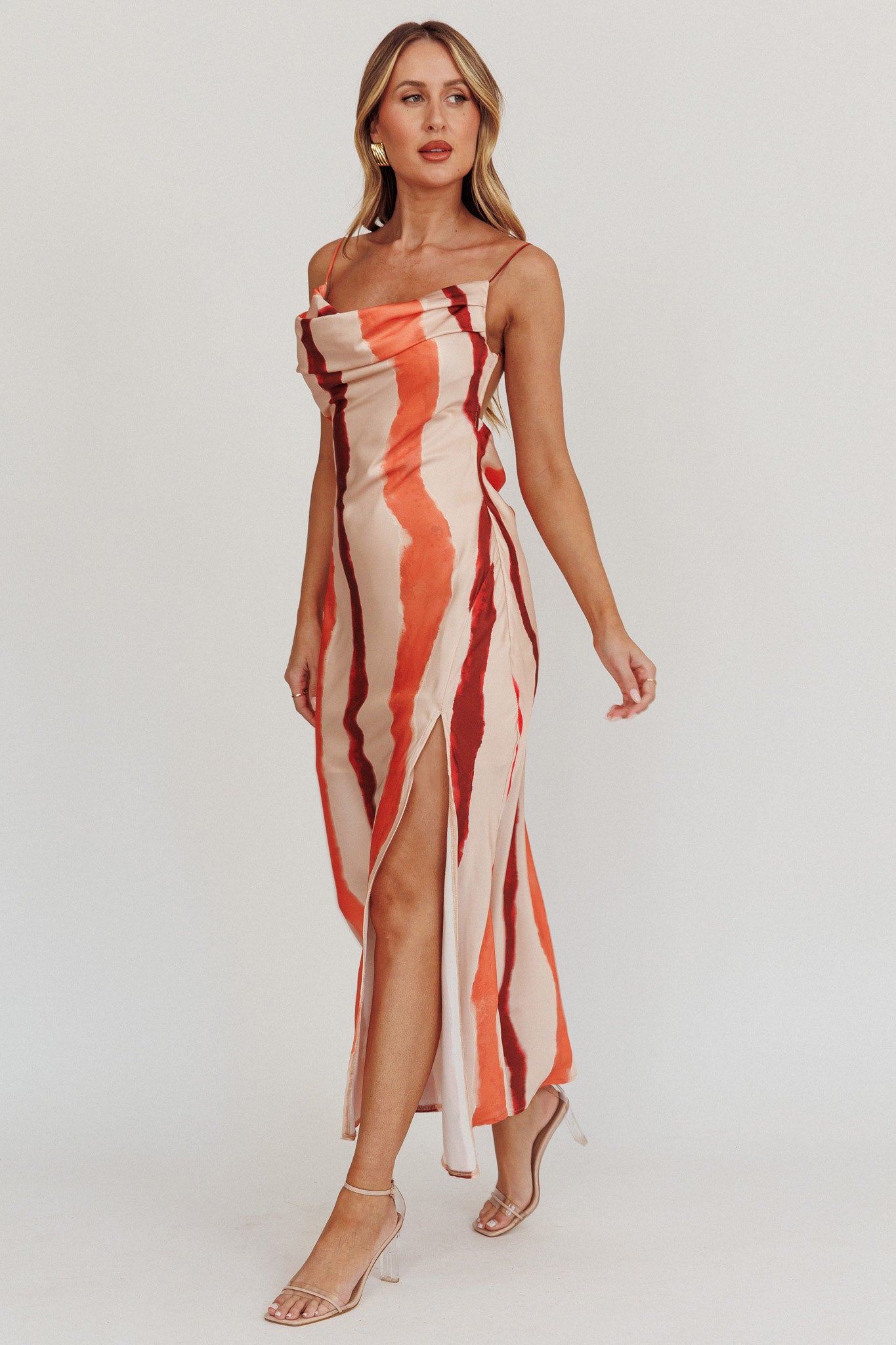 Blondine Cowl Bust Split Maxi Dress Peach-Maymioy
