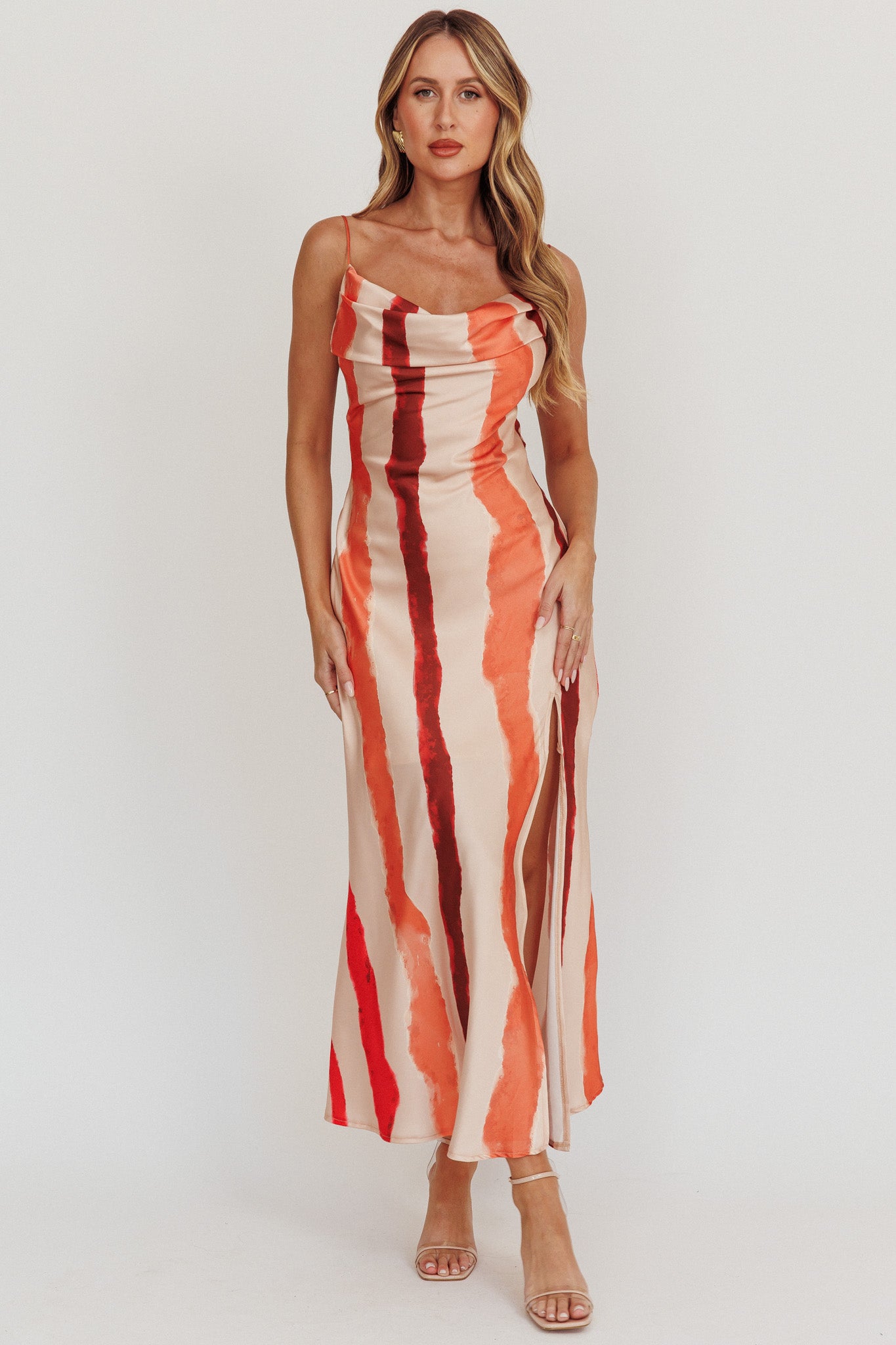 Blondine Cowl Bust Split Maxi Dress Peach-Maymioy