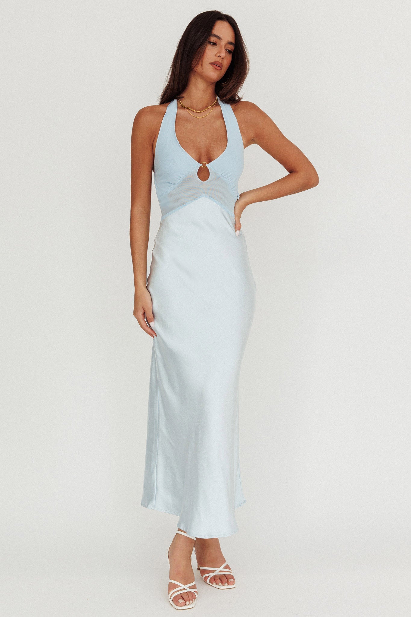 Jaila Mesh Bodice Halter Maxi Dress Baby Blue-Maymioy