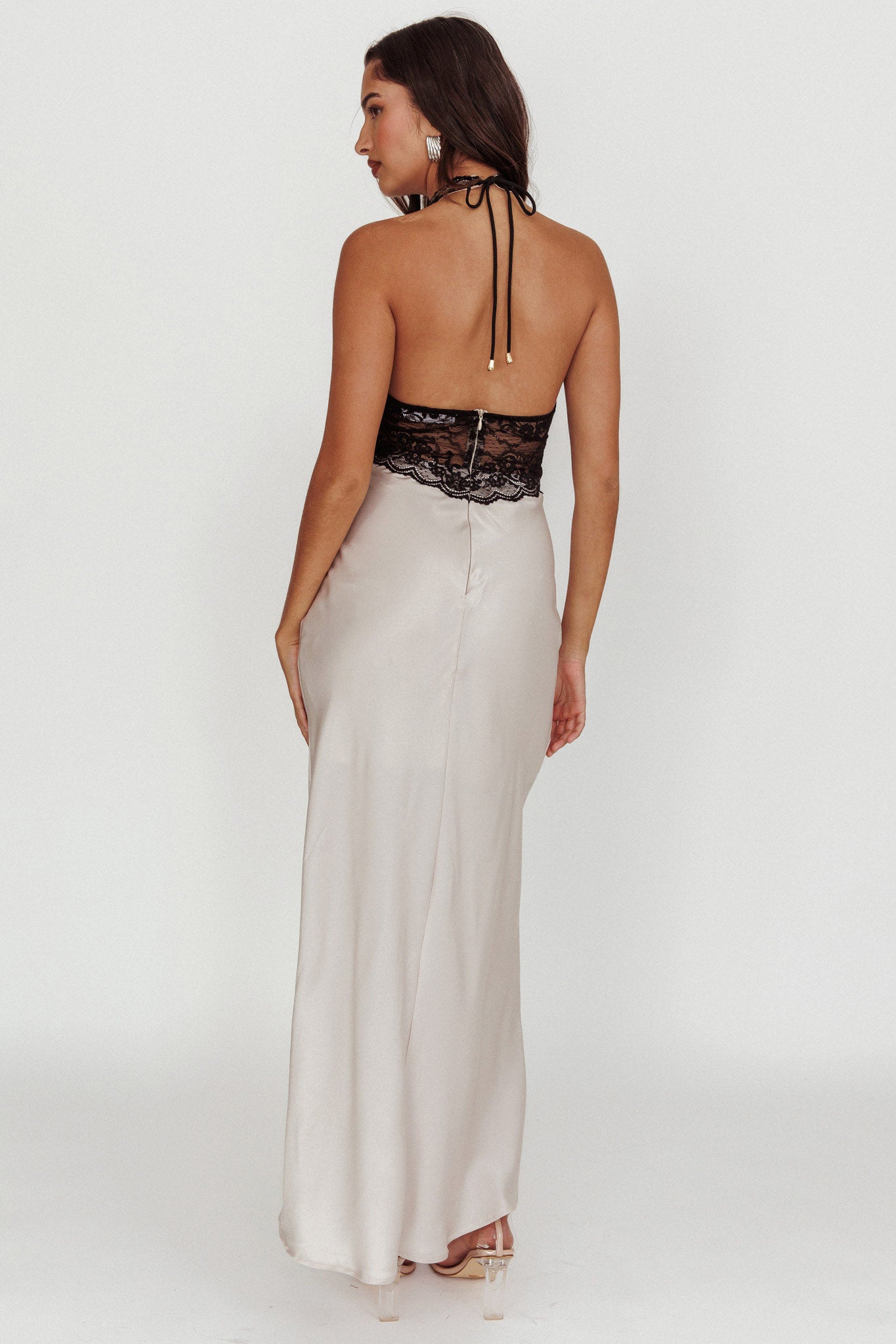 Rarity Satin Lace Halterneck Maxi Dress Champagne-Maymioy