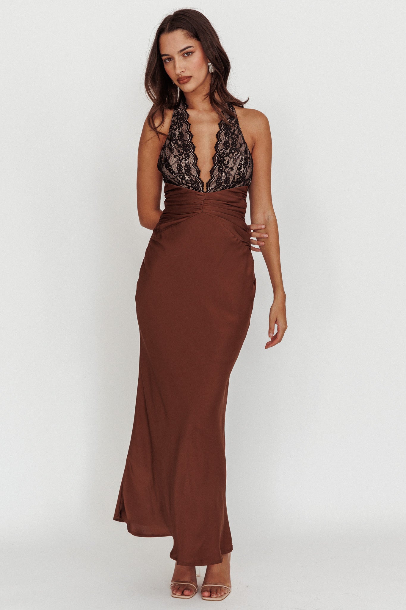 Rarity Satin Lace Halterneck Maxi Dress Coffee-Maymioy