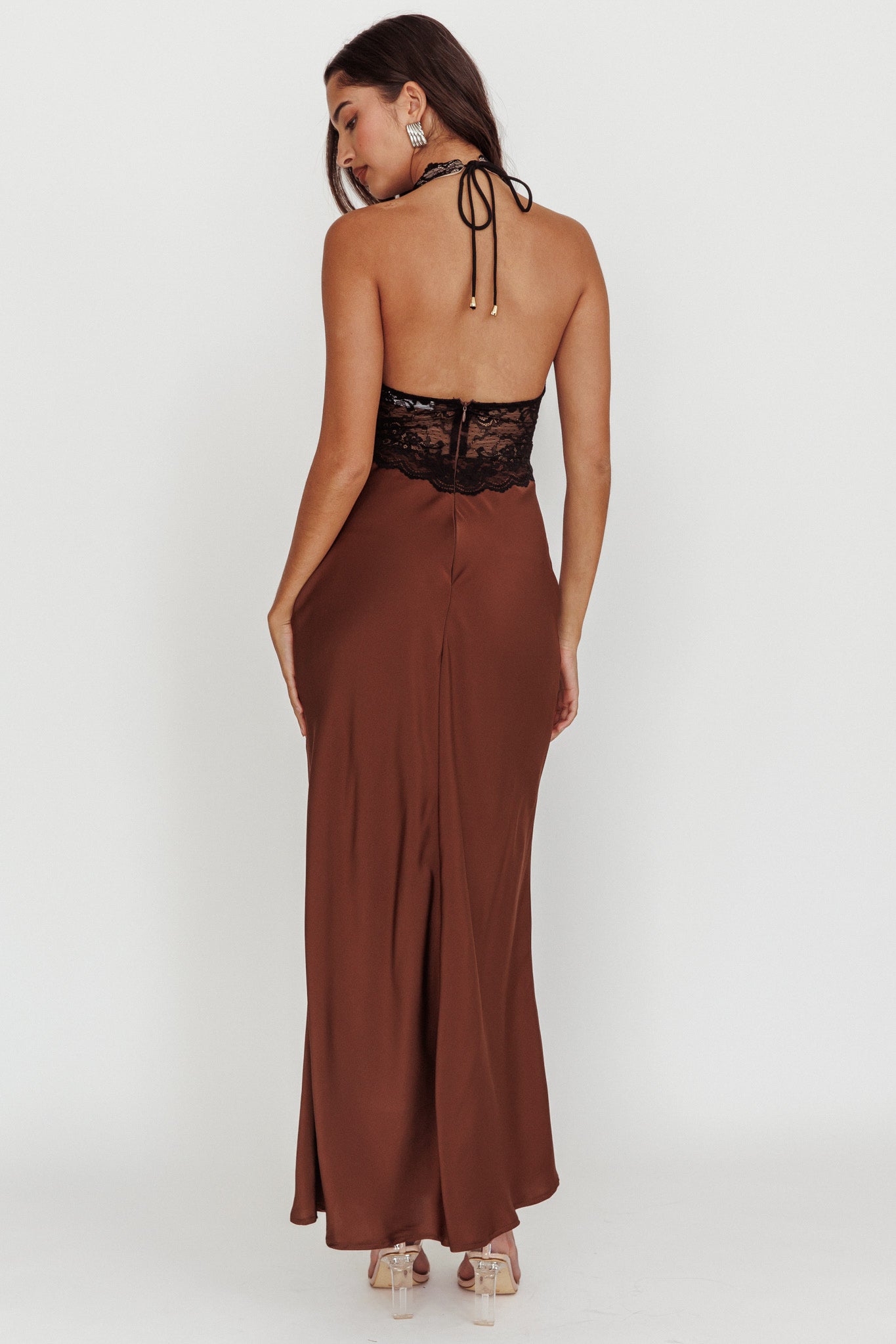 Rarity Satin Lace Halterneck Maxi Dress Coffee-Maymioy
