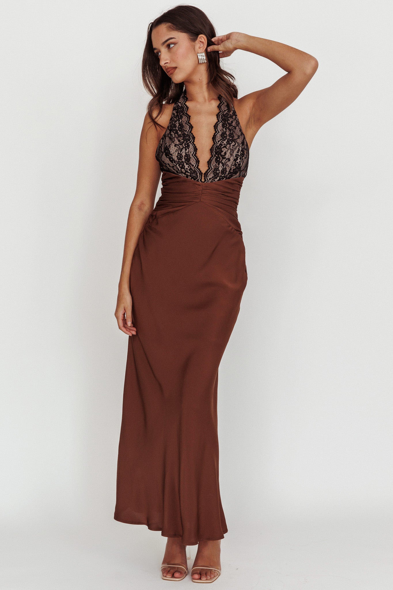 Rarity Satin Lace Halterneck Maxi Dress Coffee-Maymioy