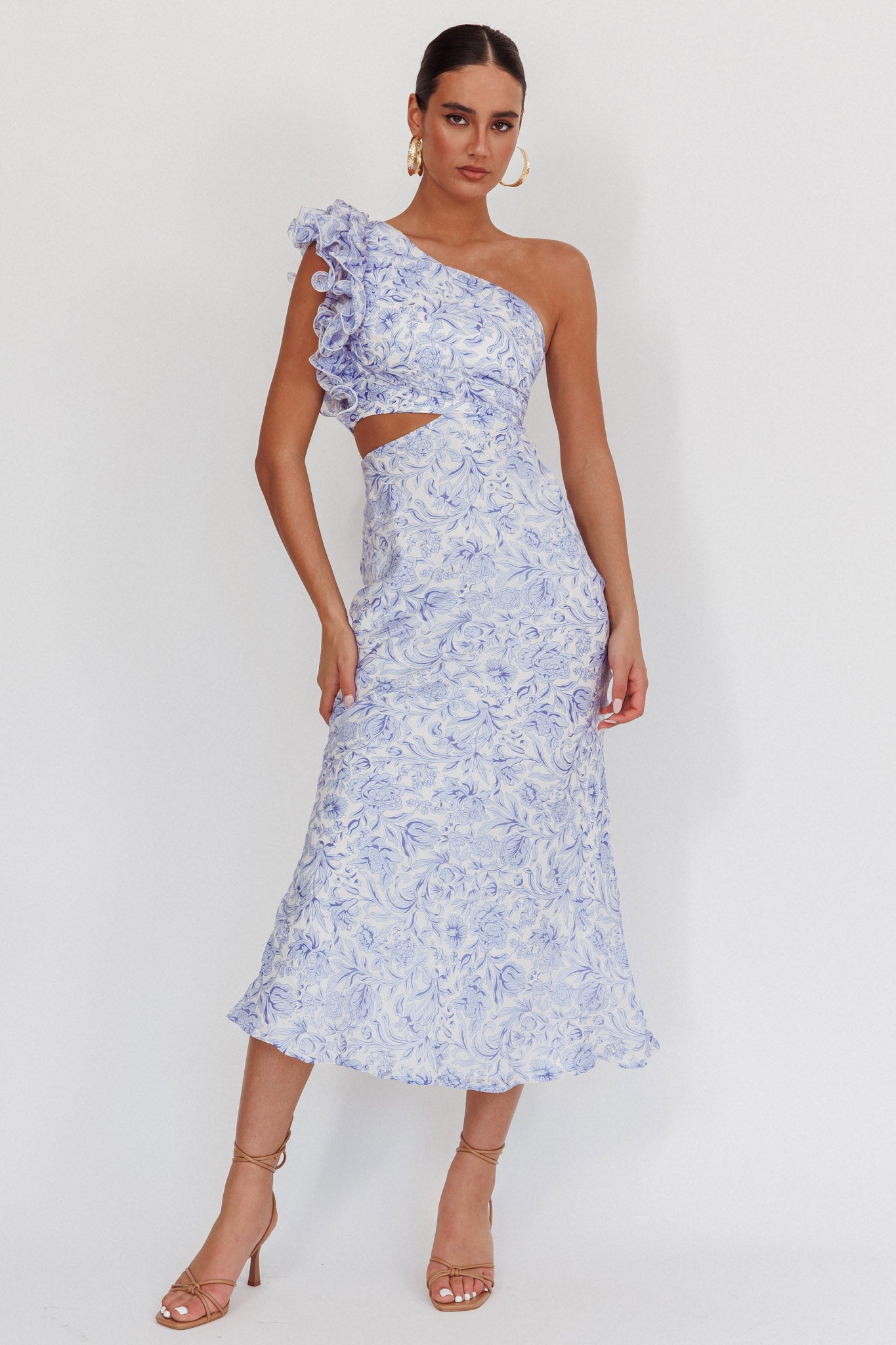 Deanna One-Shoulder Ruffle Midi Dress Floral Blue-Maymioy