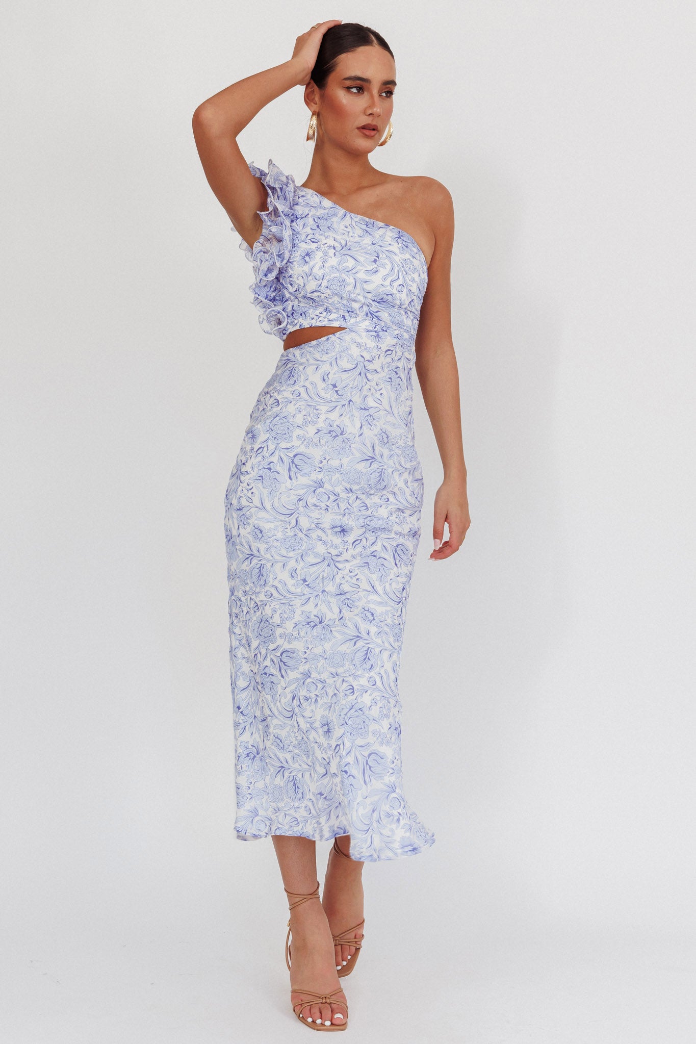 Deanna One-Shoulder Ruffle Midi Dress Floral Blue-Maymioy
